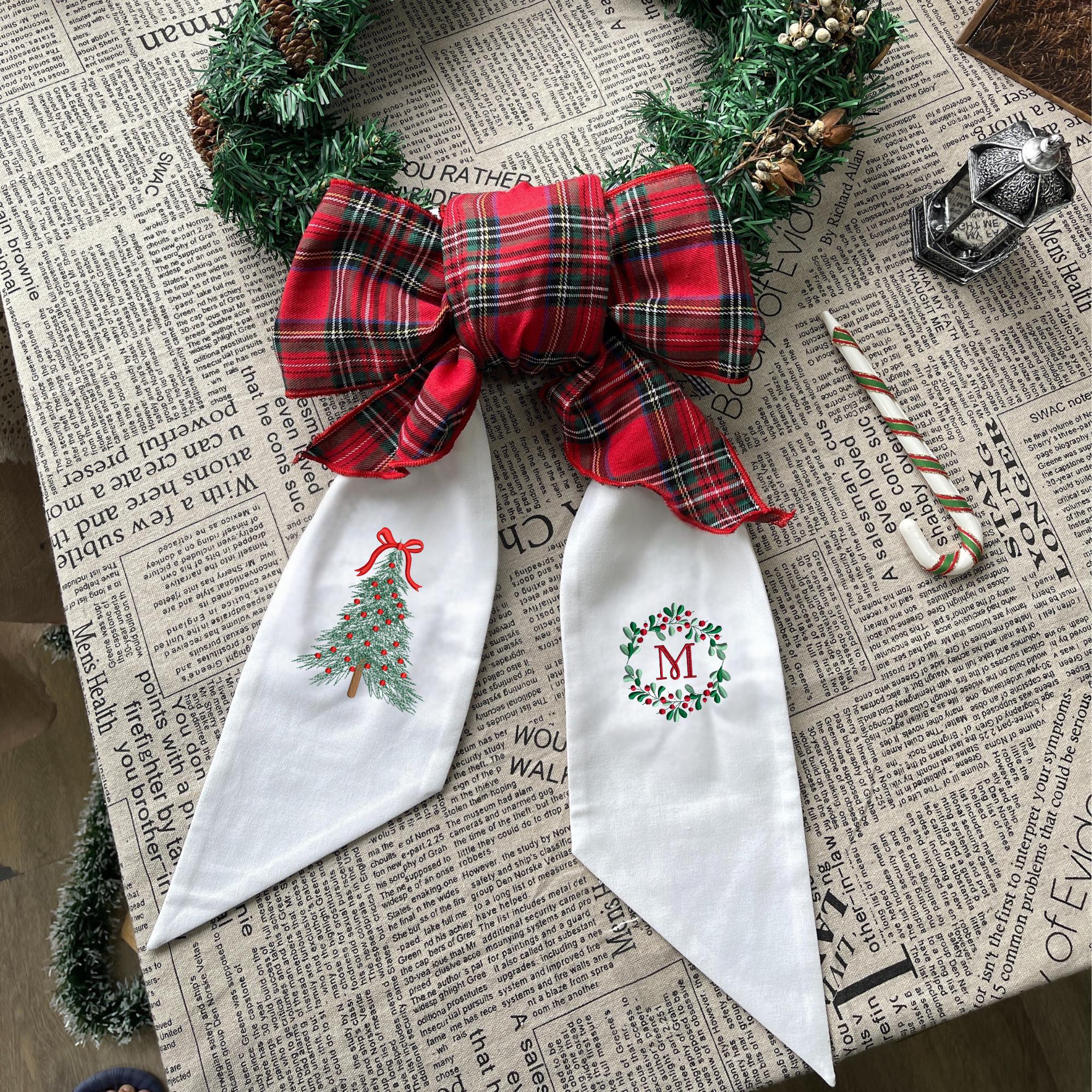 Personalized Christmas Tree Embroidered Wreath Sash – Custom Monogram Bow Linen Decor