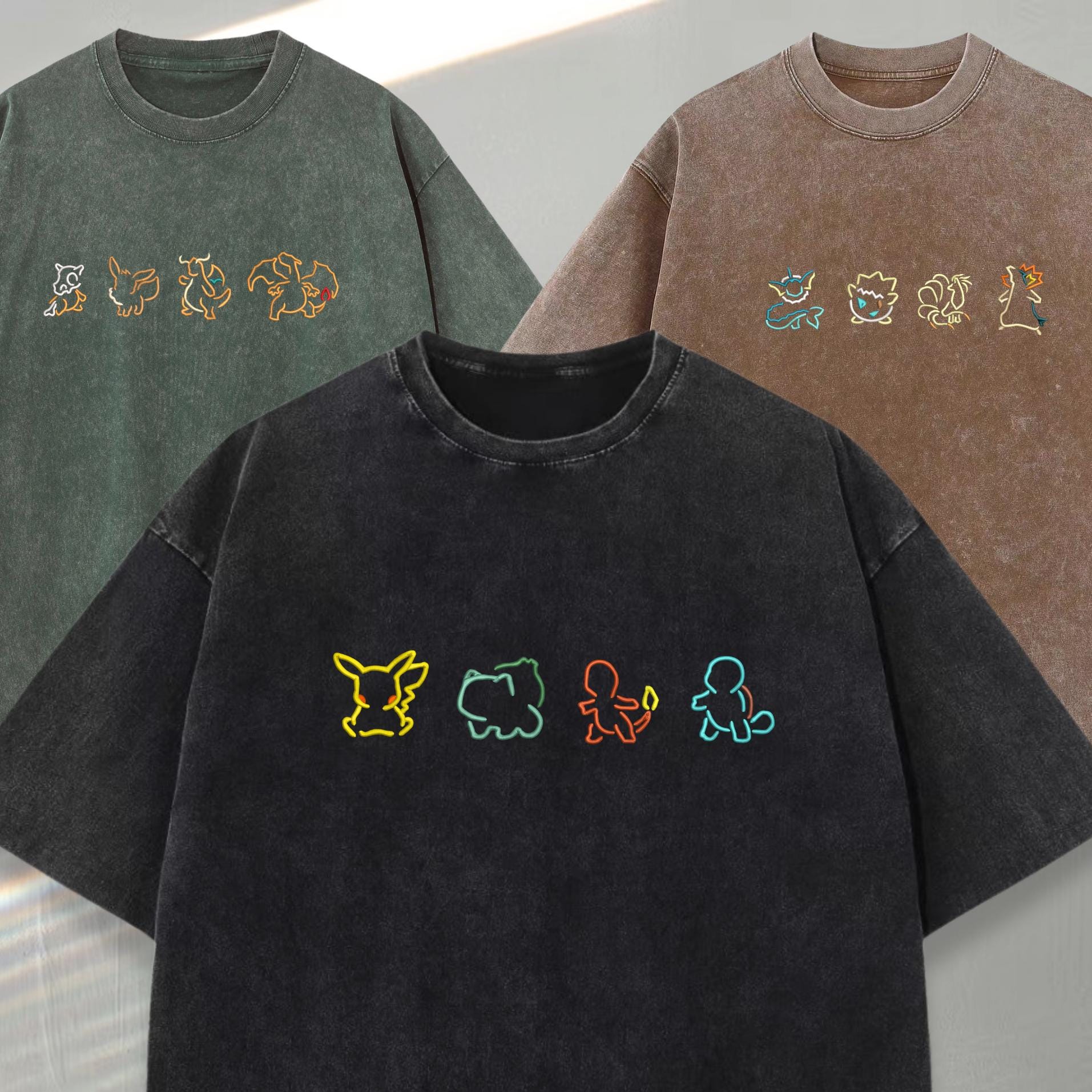 PKM Outline Custom Embroidered Washed Shirt, Persionalize Embroidered Anime Washed Tee, Anime Shirt, Anime Fan Gift