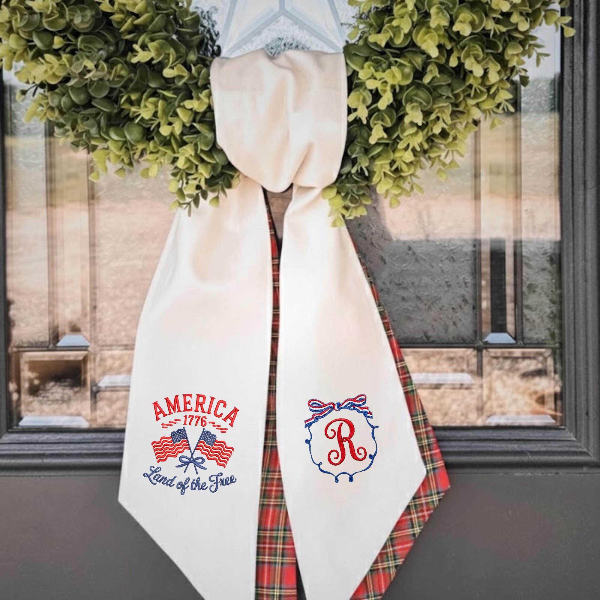Personalized Monogram Embroidered Wreath Sash – USA 250th Anniversary Patriotic Door Decor