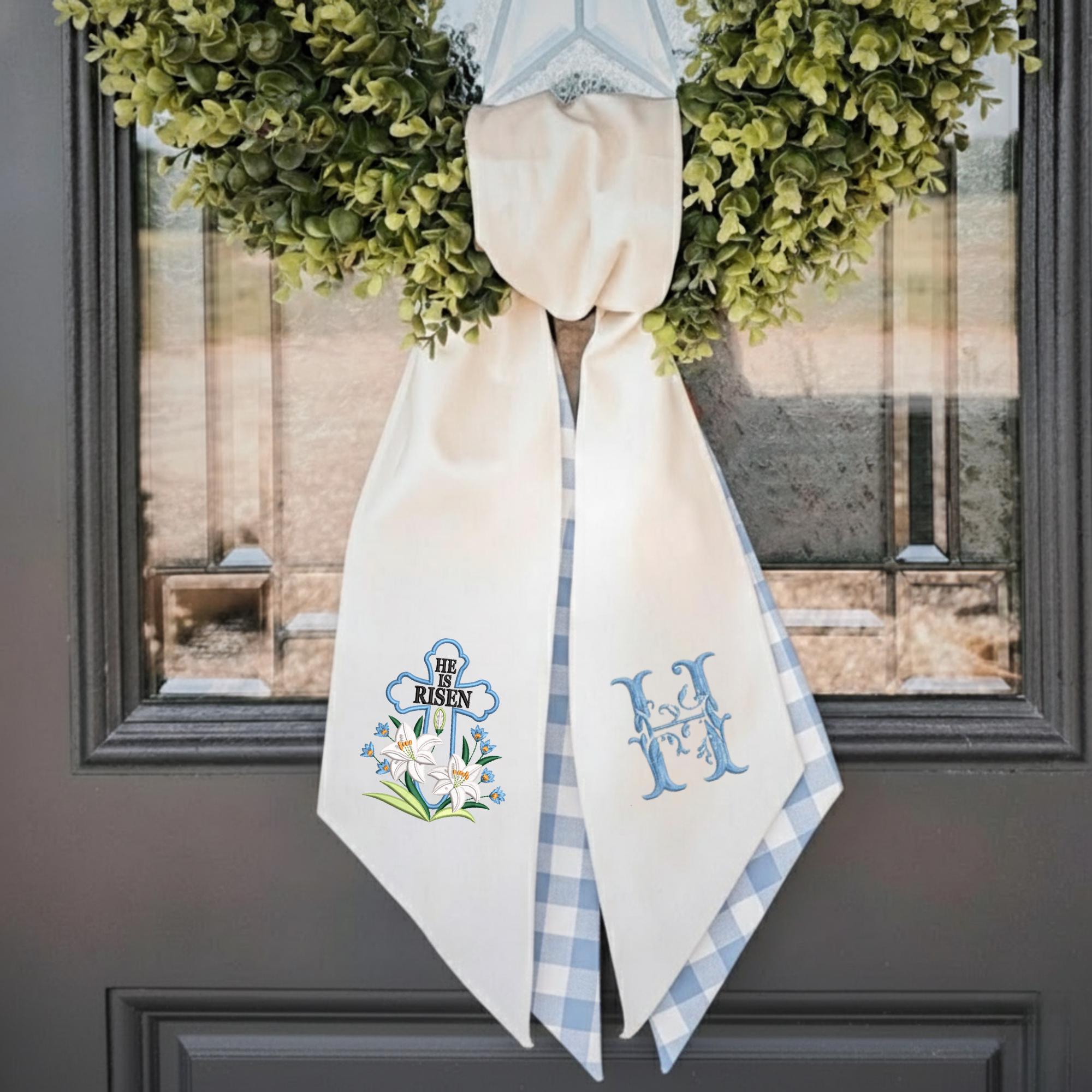Personalized Embroidered Easter Wreath Sash – He Is Risen Cross & Floral Monogram
