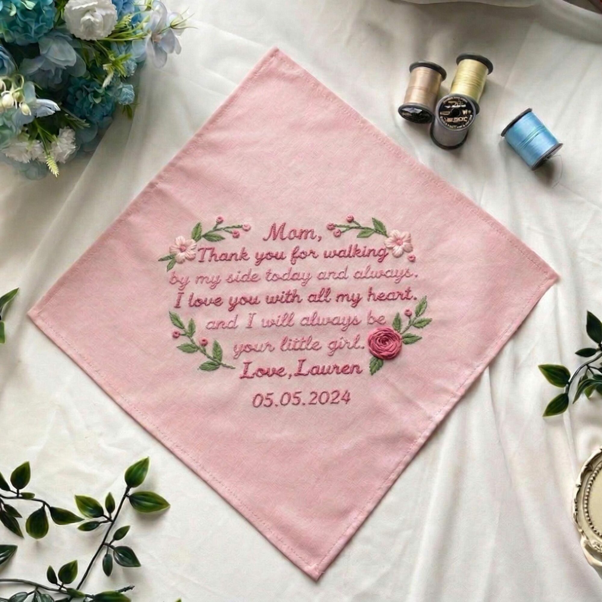 Custom Text With Tone On Tone Flowers Hand Embroidered Handkerchief, Personalised Linen Hankie, Mother of the Bride, wedding keepsake