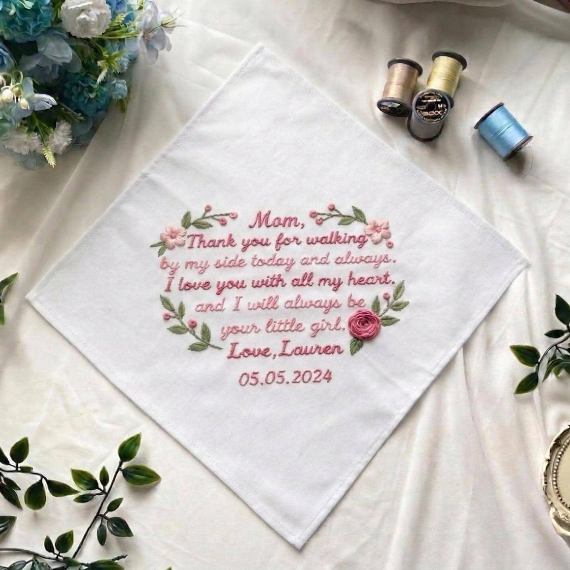 Custom Text With Tone On Tone Flowers Hand Embroidered Handkerchief, Personalised Linen Hankie, Mother of the Bride, wedding keepsake