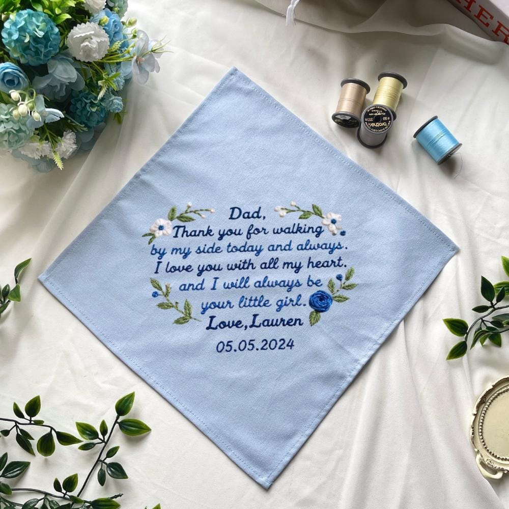 Personalized Embroidered Wedding Handkerchief – Custom Text Floral Linen Hankie
