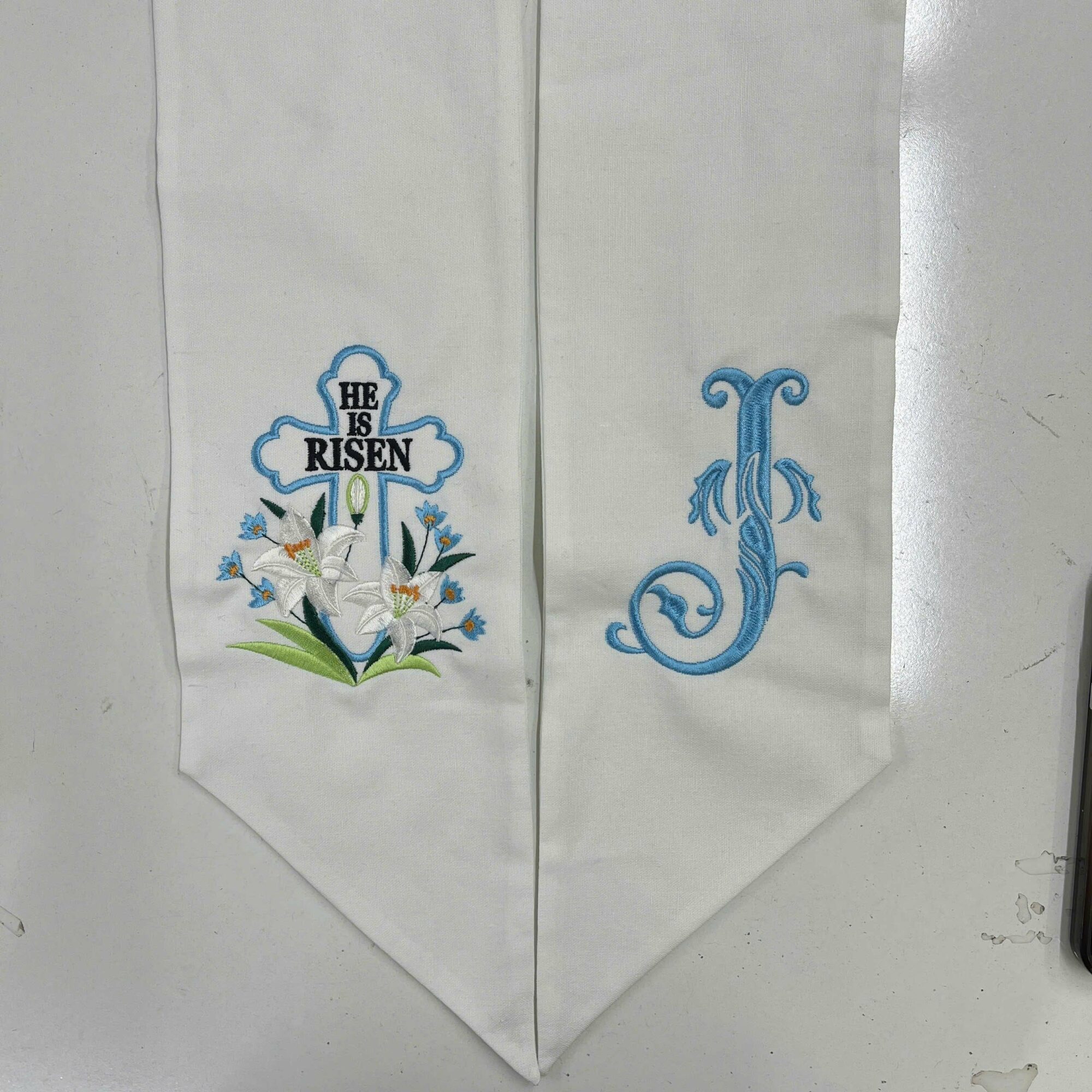 Custom He Is Risen With Cross Flowers Embroidered Wreath Sash, Personalised Monogram Initials Easter Home Decor, Linen Sash For Spring