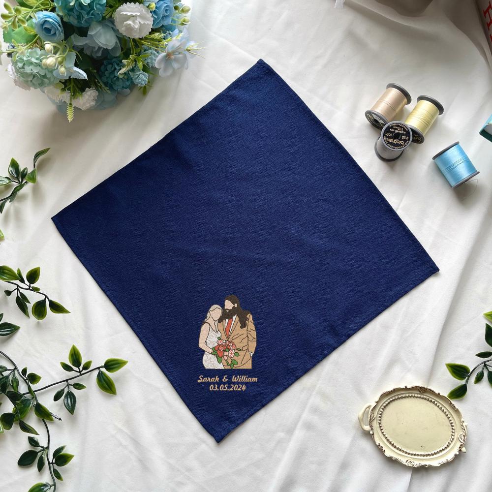 Personalized Photo Embroidered Wedding Handkerchief – Linen Lace Couple Keepsake