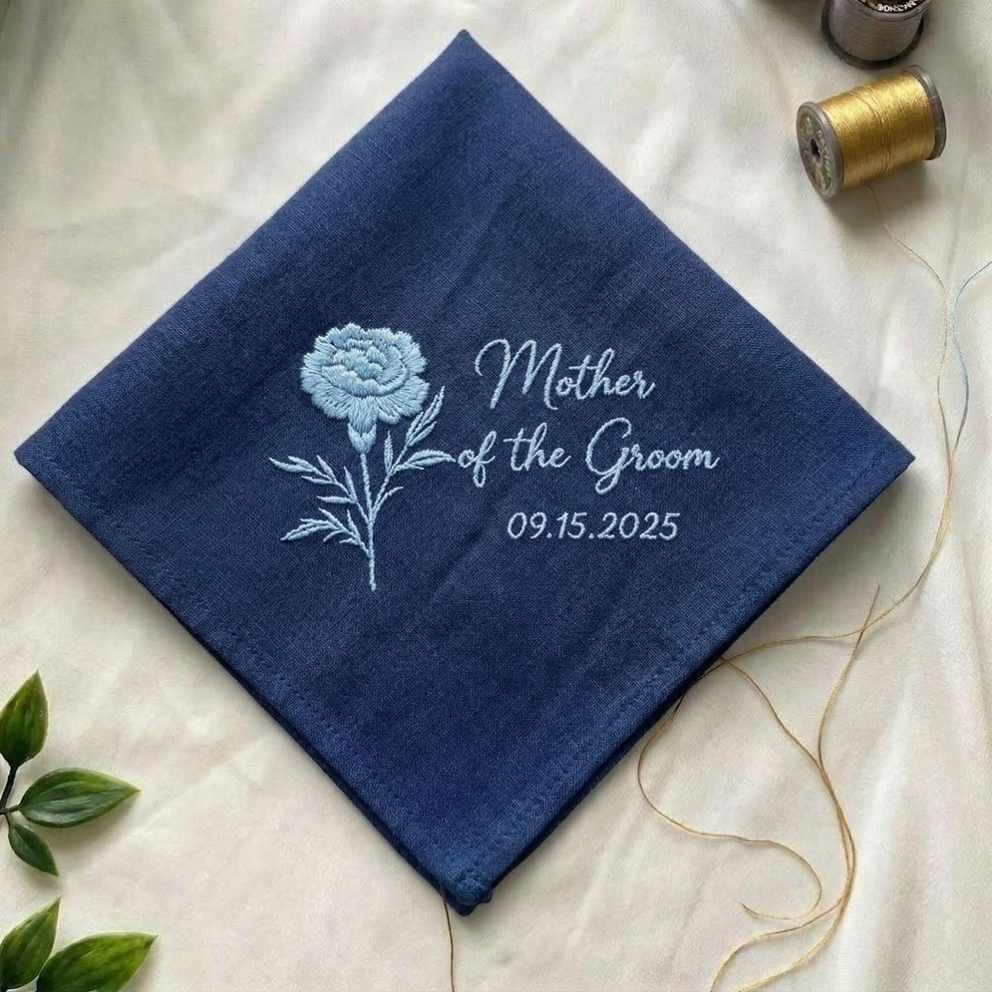 Mother of the Bride Birth Flower Embroidered Handkerchief – Personalized Wedding Keepsake