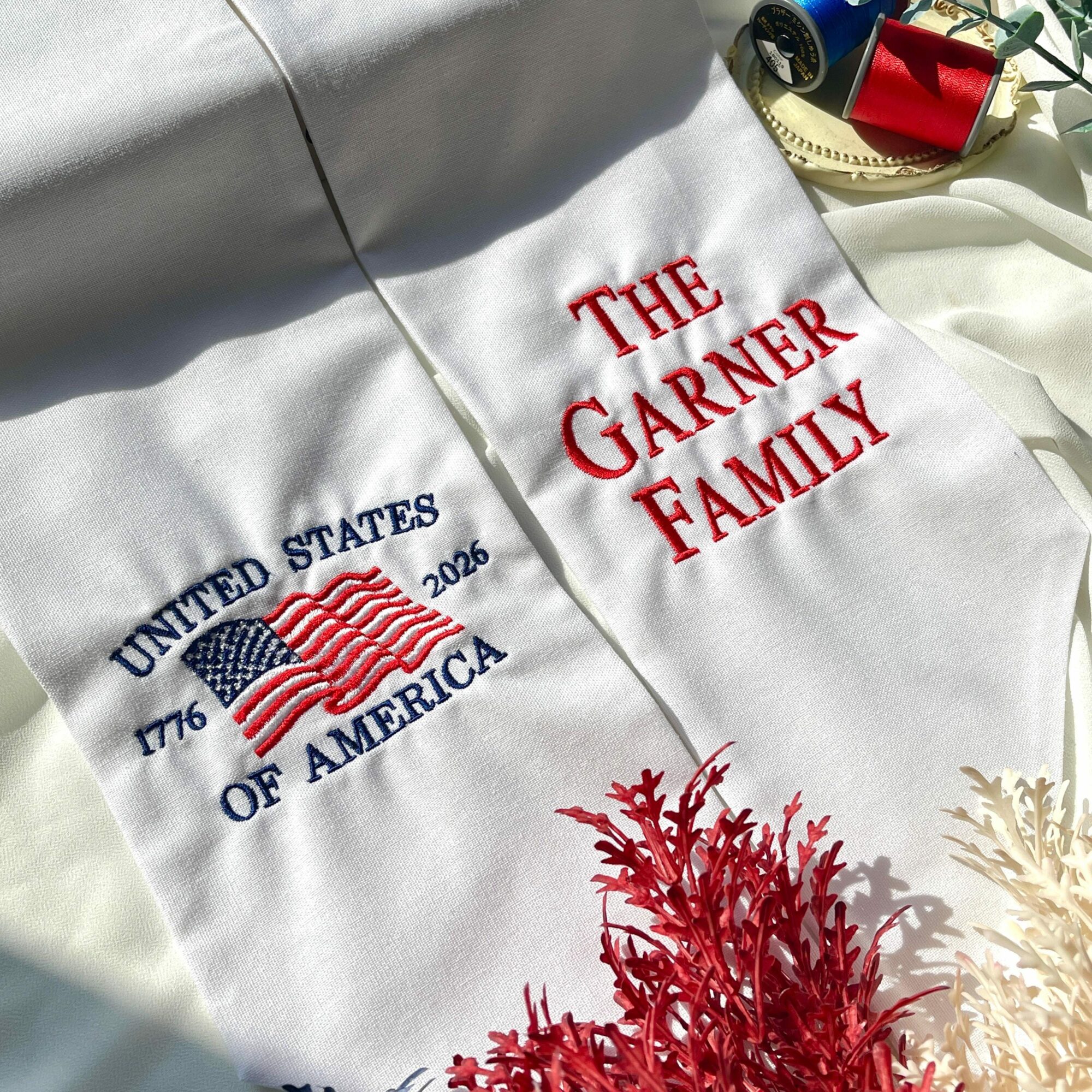Personalized Family Name Embroidered Wreath Sash – USA 250th Anniversary Door Decor