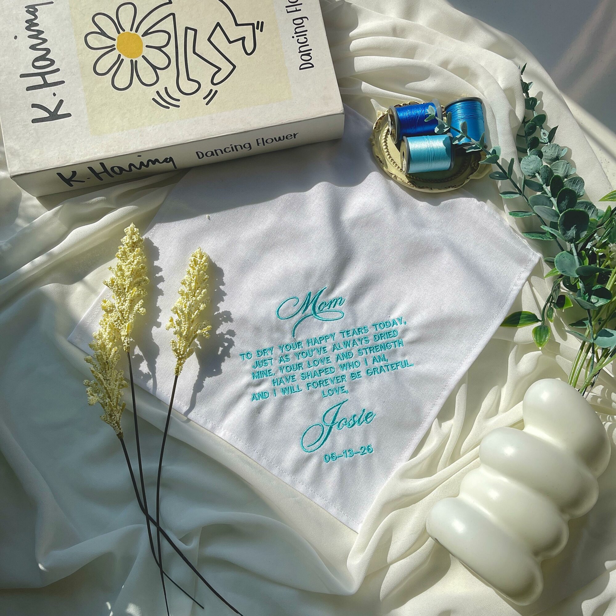 Mother of the Bride Embroidered Wedding Handkerchief – Personalized Linen Gift from Daughter