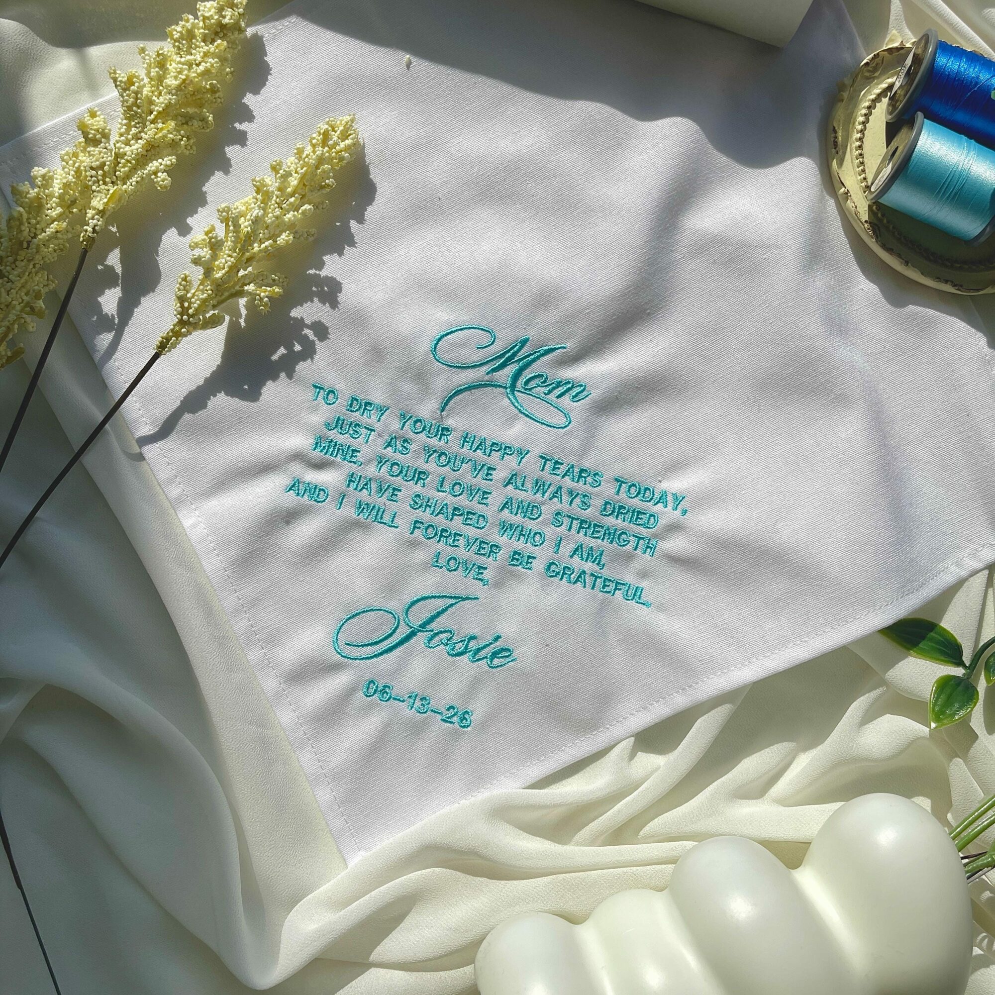 Mother of the Bride Embroidered Wedding Handkerchief – Personalized Linen Gift from Daughter