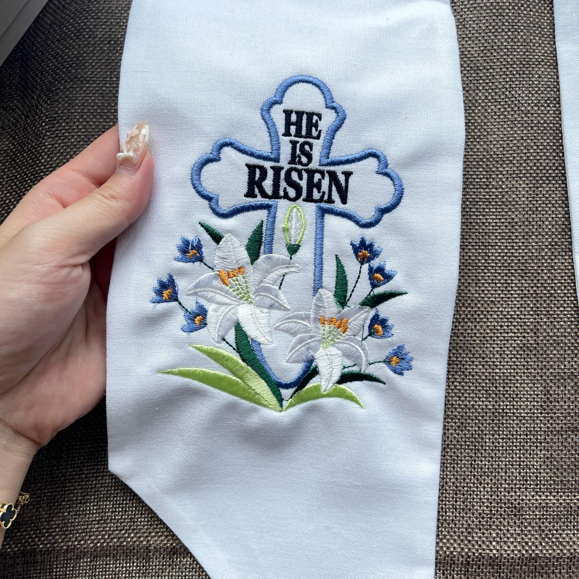 Personalized Embroidered Easter Wreath Sash – He Is Risen Cross & Floral Monogram