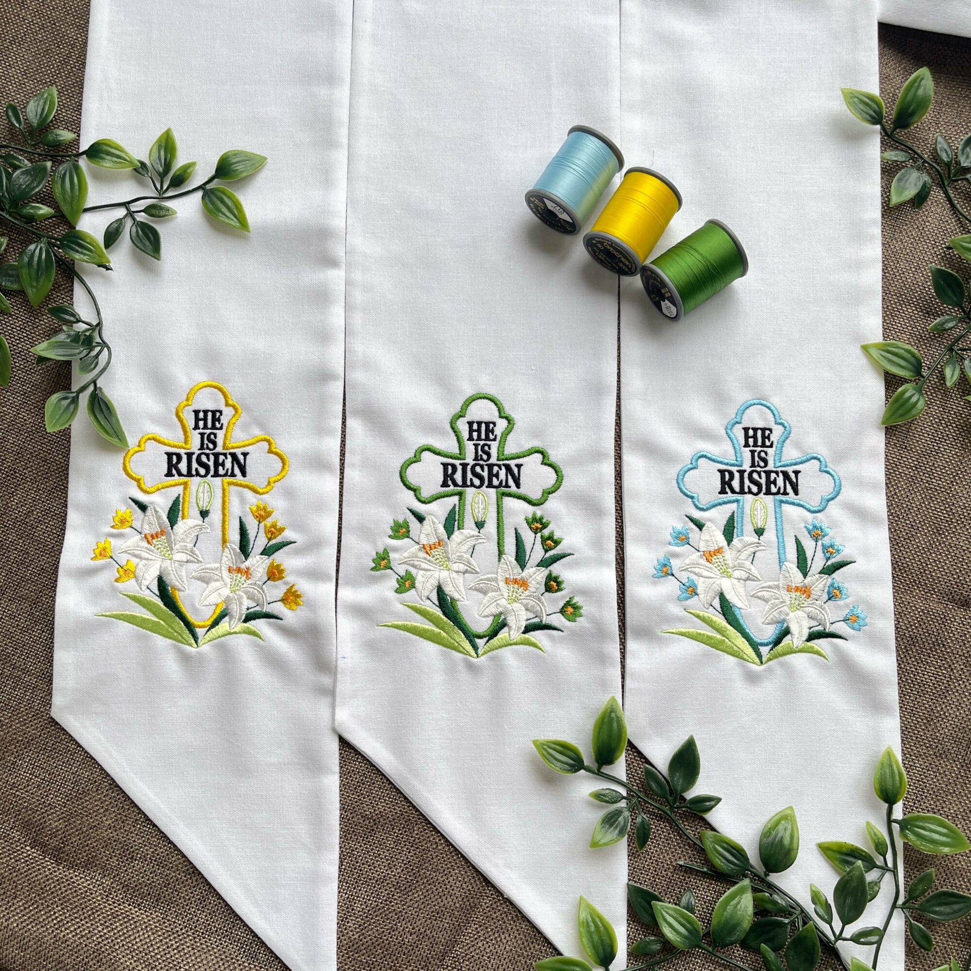 Custom He Is Risen With Cross Flowers Embroidered Wreath Sash, Personalised Monogram Initials Easter Home Decor, Linen Sash For Spring