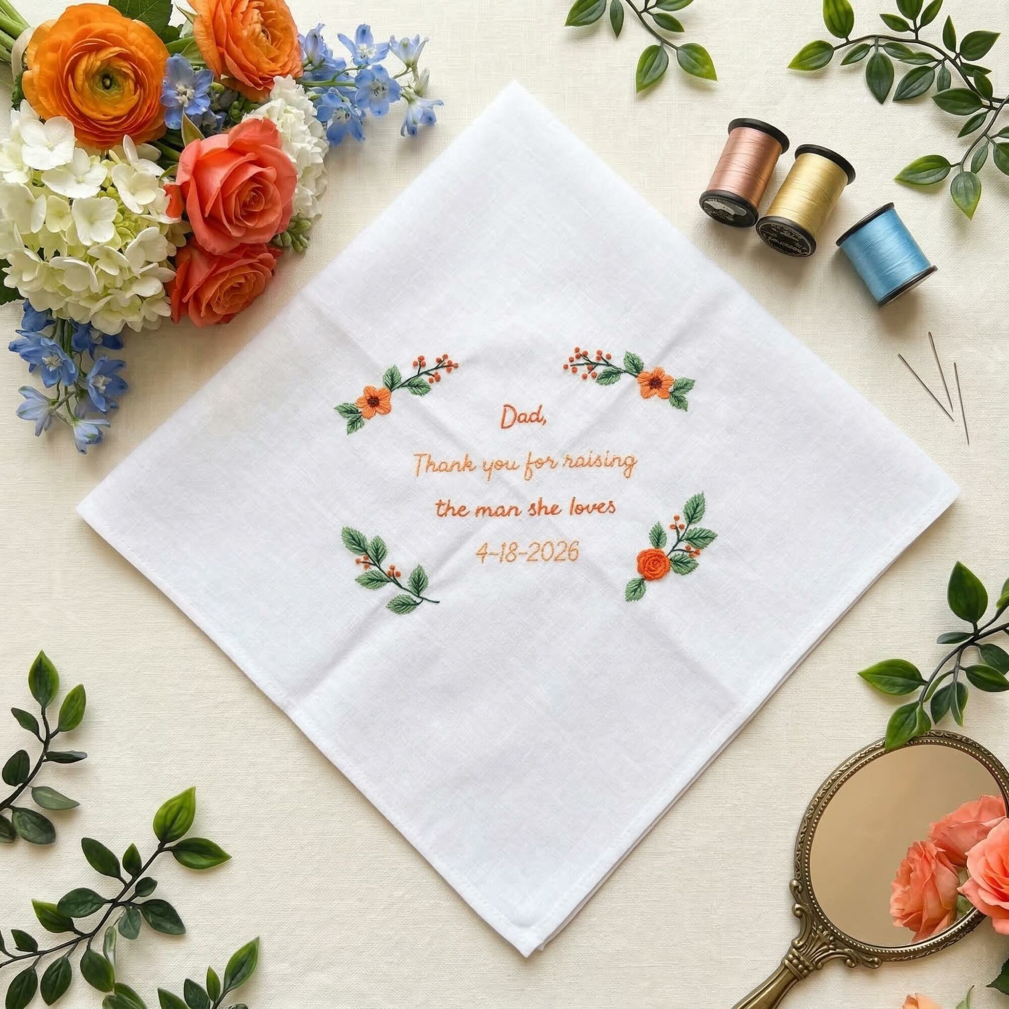 Personalized Embroidered Wedding Handkerchief – Custom Text Floral Linen Hankie