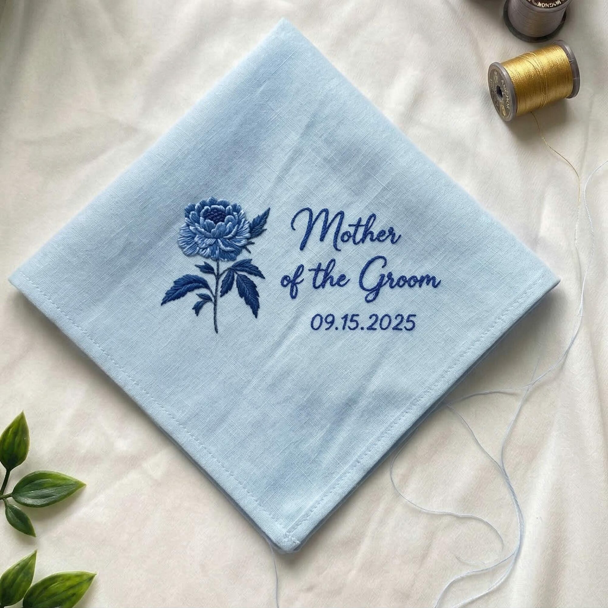 Mother of the Bride Birth Flower Embroidered Handkerchief – Personalized Wedding Keepsake