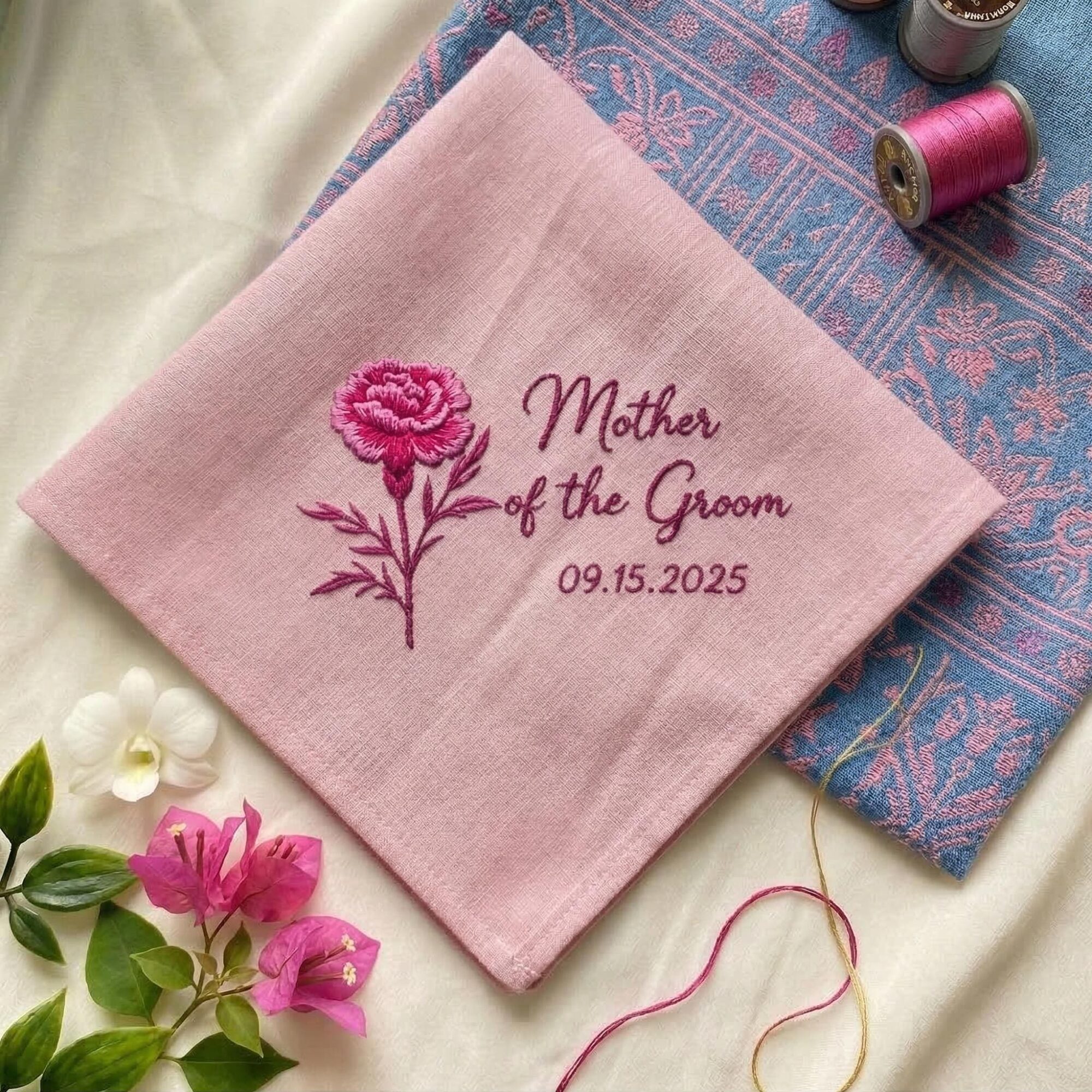 Mother of the Bride Birth Flower Embroidered Handkerchief – Personalized Wedding Keepsake