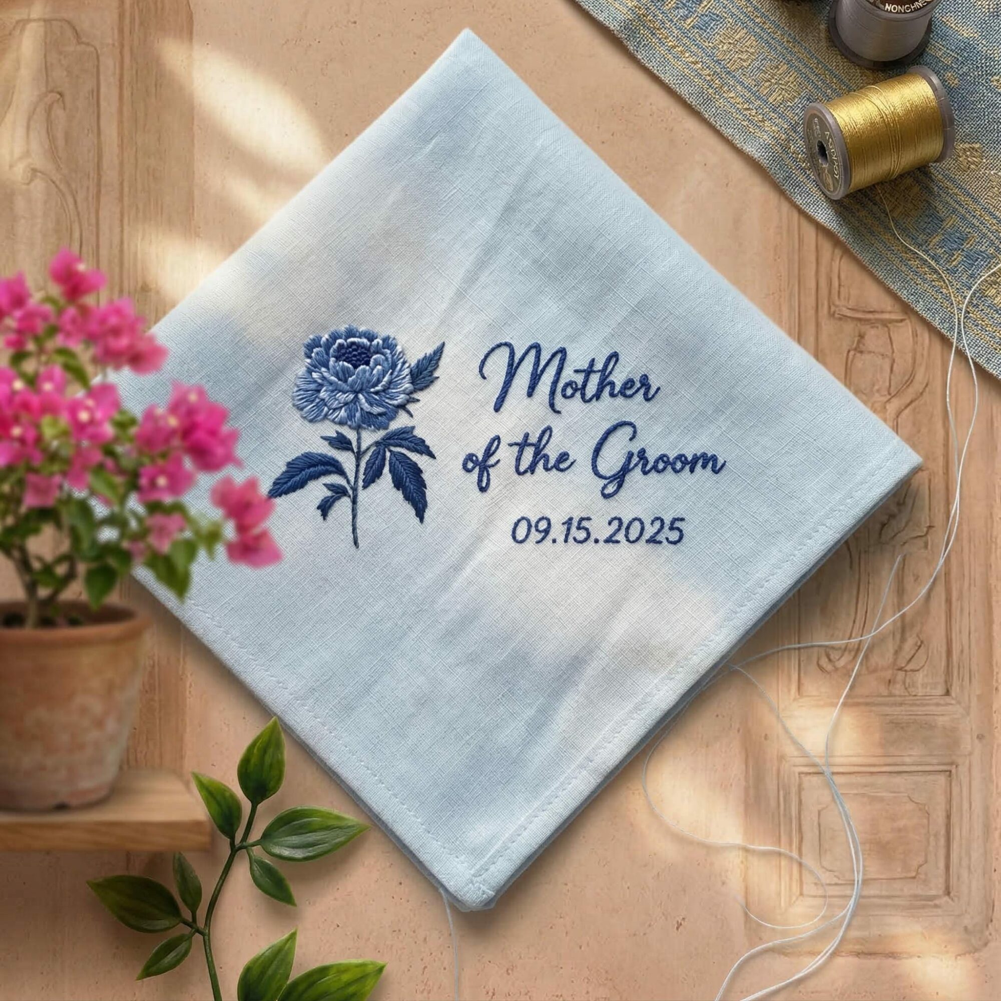 Mother Of The Bride Birth Flower Embroidered Handkerchief – Personalized Wedding Keepsake
