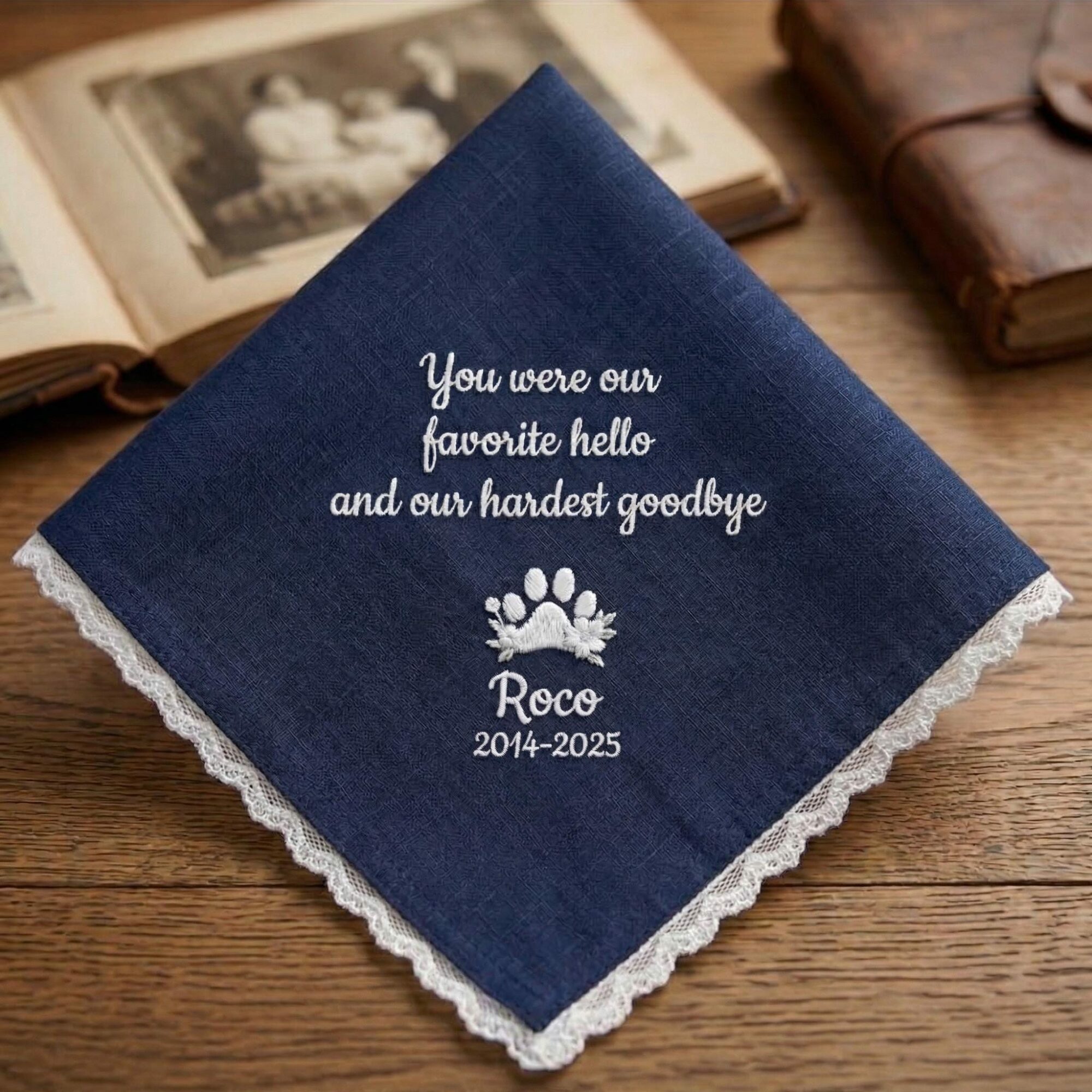 Pet Memorial Embroidered Handkerchief – Personalized Floral Paw Print Sympathy Gift