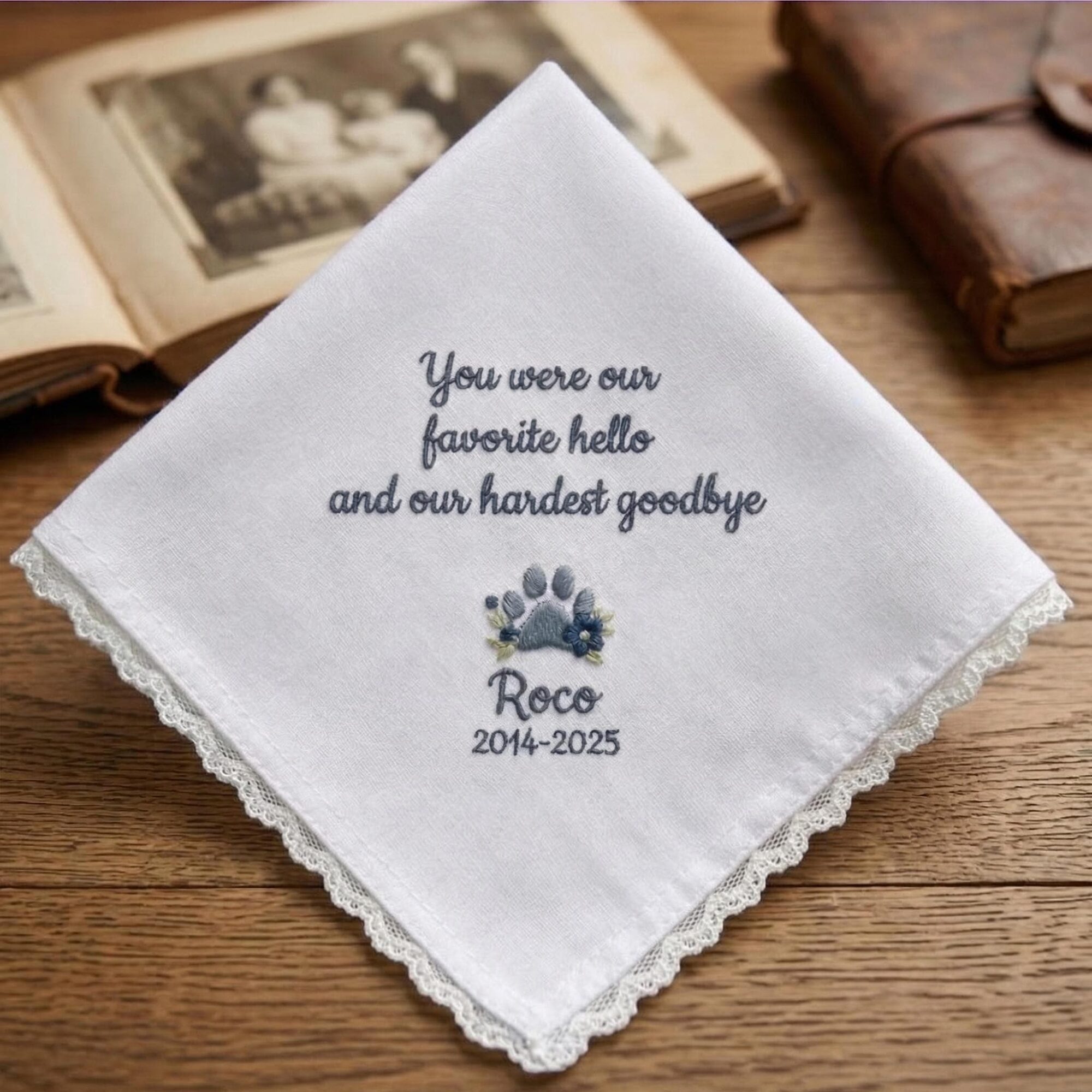 Pet Memorial Embroidered Handkerchief – Personalized Floral Paw Print Sympathy Gift