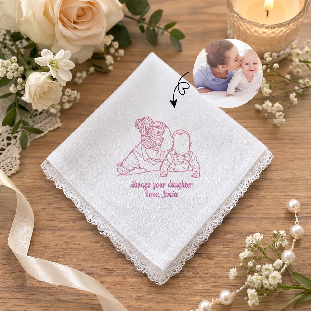 Personalized Photo Embroidered Handkerchief – Custom Line Art Wedding Keepsake