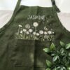 Cherry Blossom Embroidered Linen Apron – Personalized Floral Kitchen