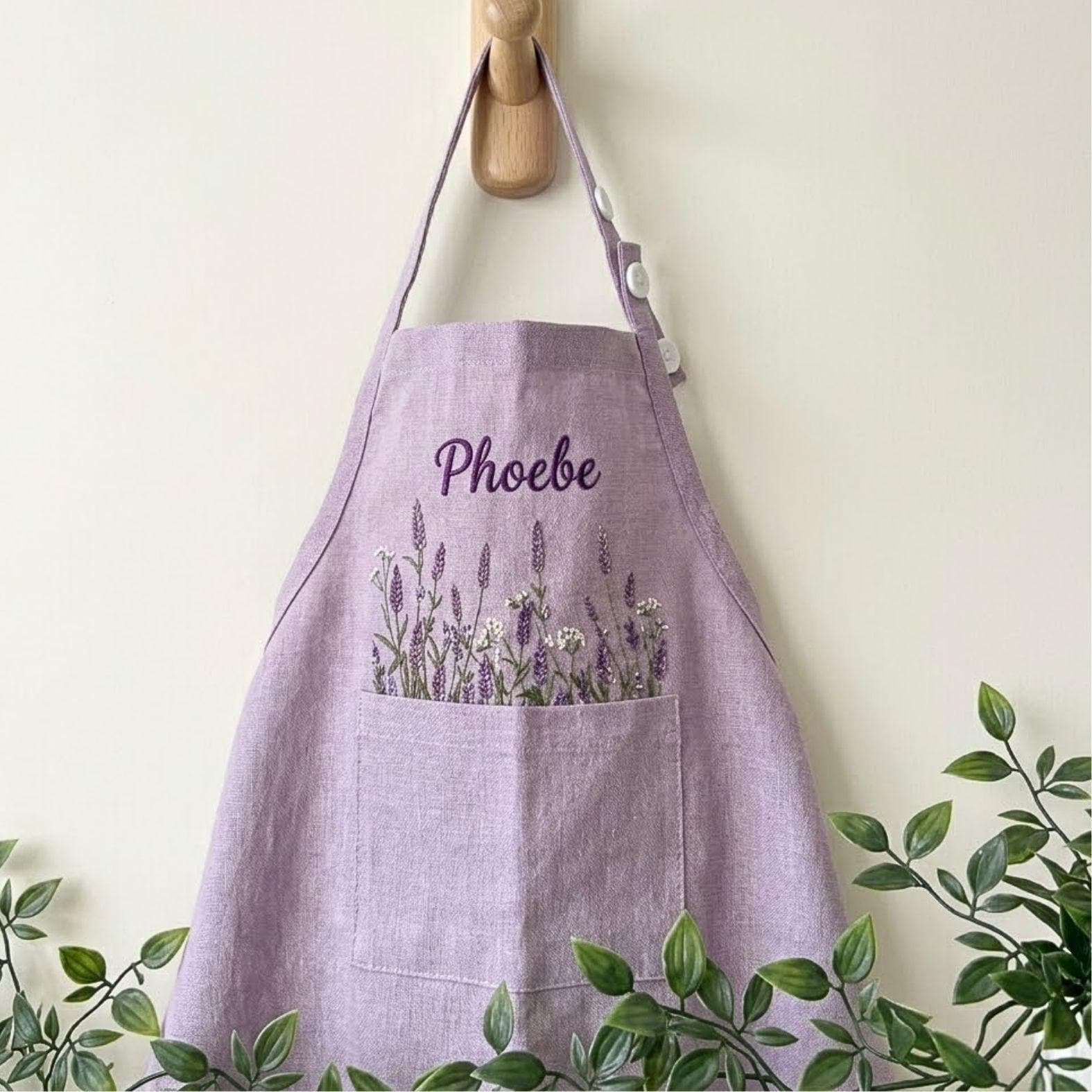 Lavender Garden Embroidered Linen Apron – Personalized Floral Kitchen