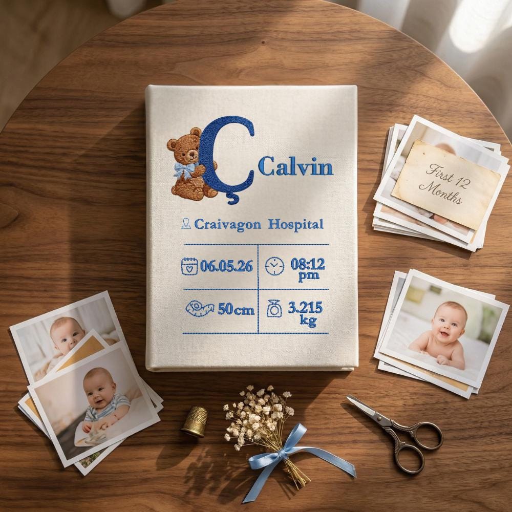 Birth Stats Embroidered Baby Photo Album – Personalized Teddy Bear Linen Memory Book Birth Stats Embroidered Baby Photo Album – Personalized Teddy Bear Linen Memory Book