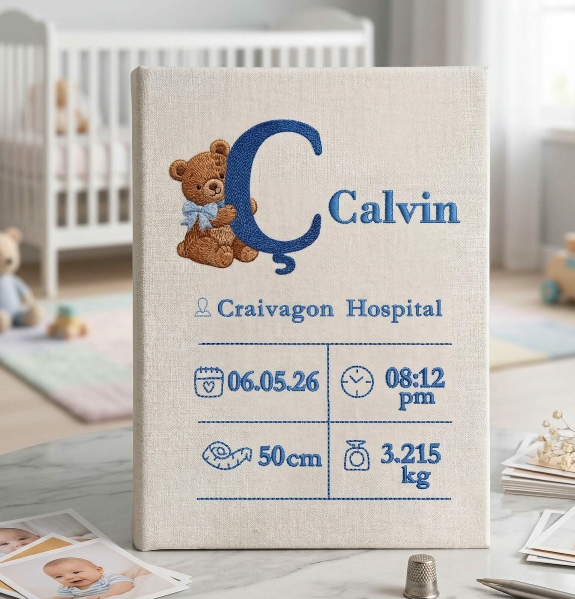 Birth Stats Embroidered Baby Photo Album – Personalized Teddy Bear Linen Memory Book