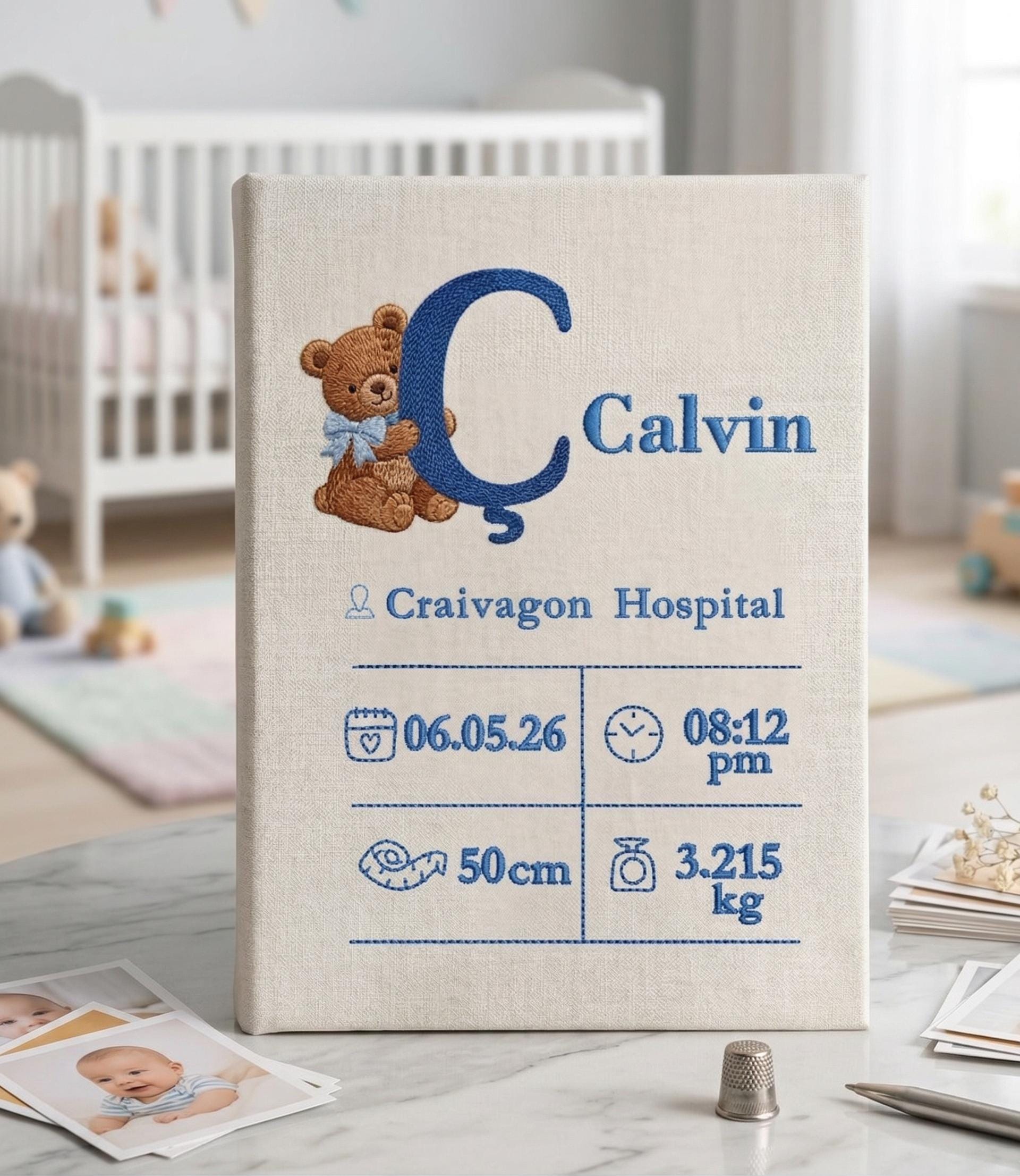 Birth Stats Embroidered Baby Photo Album – Personalized Teddy Bear Linen Memory Book Birth Stats Embroidered Baby Photo Album – Personalized Teddy Bear Linen Memory Book