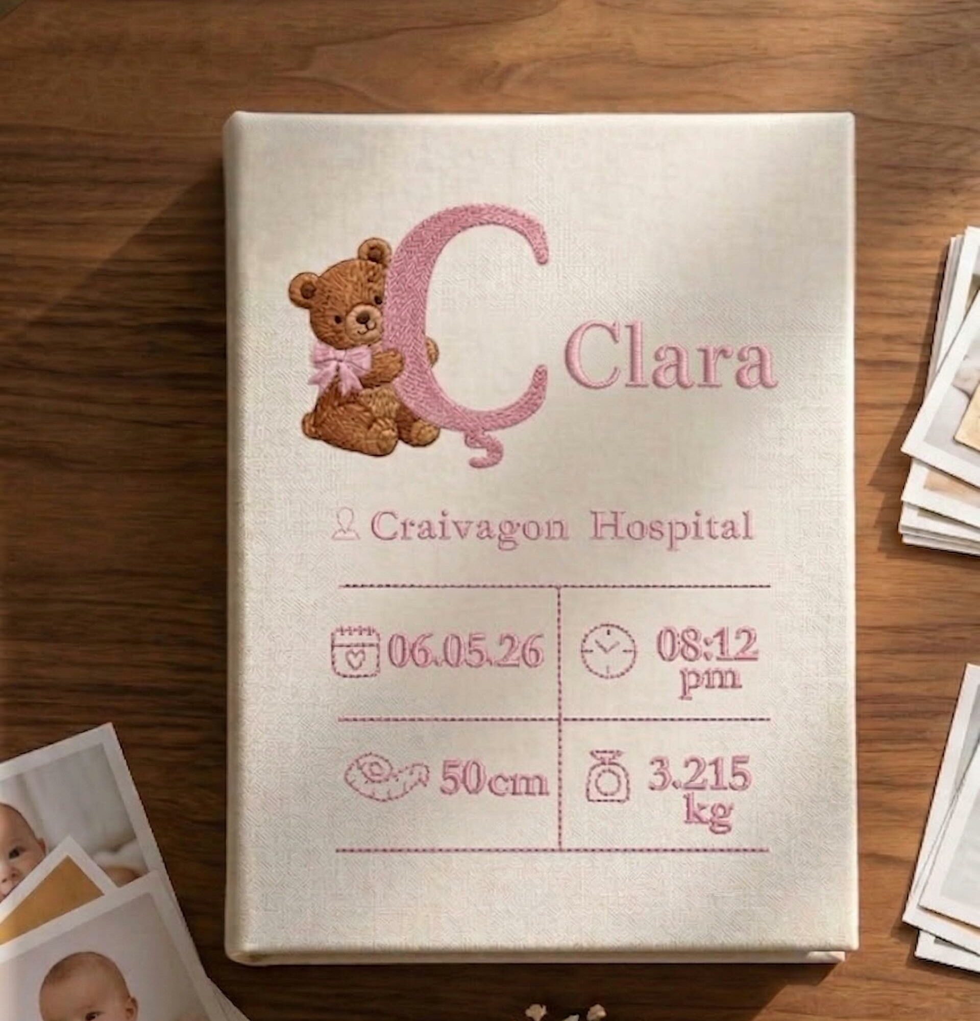 Birth Stats Embroidered Baby Photo Album – Personalized Teddy Bear Linen Memory Book 2 Birth Stats Embroidered Baby Photo Album – Personalized Teddy Bear Linen Memory Book