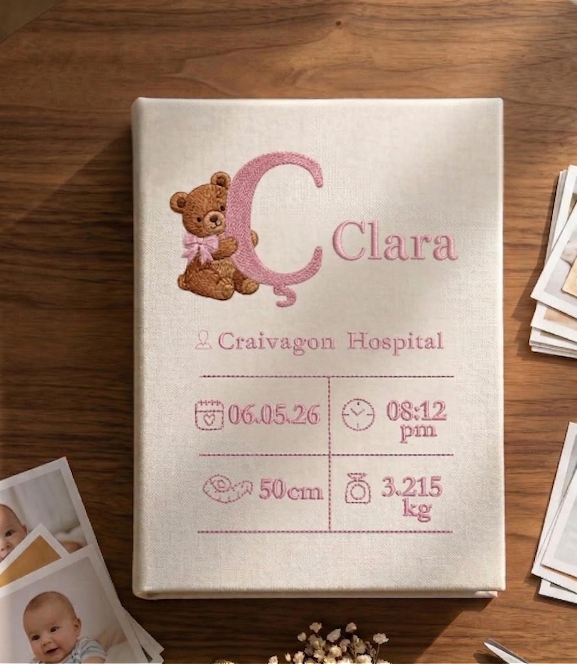Birth Stats Embroidered Baby Photo Album – Personalized Teddy Bear Linen Memory Book Birth Stats Embroidered Baby Photo Album – Personalized Teddy Bear Linen Memory Book