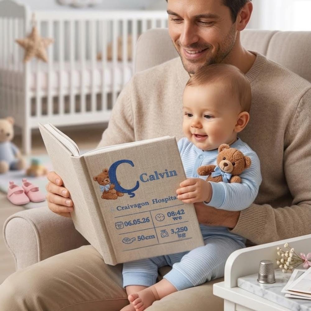 Birth Stats Embroidered Baby Photo Album – Personalized Teddy Bear Linen Memory Book Birth Stats Embroidered Baby Photo Album – Personalized Teddy Bear Linen Memory Book