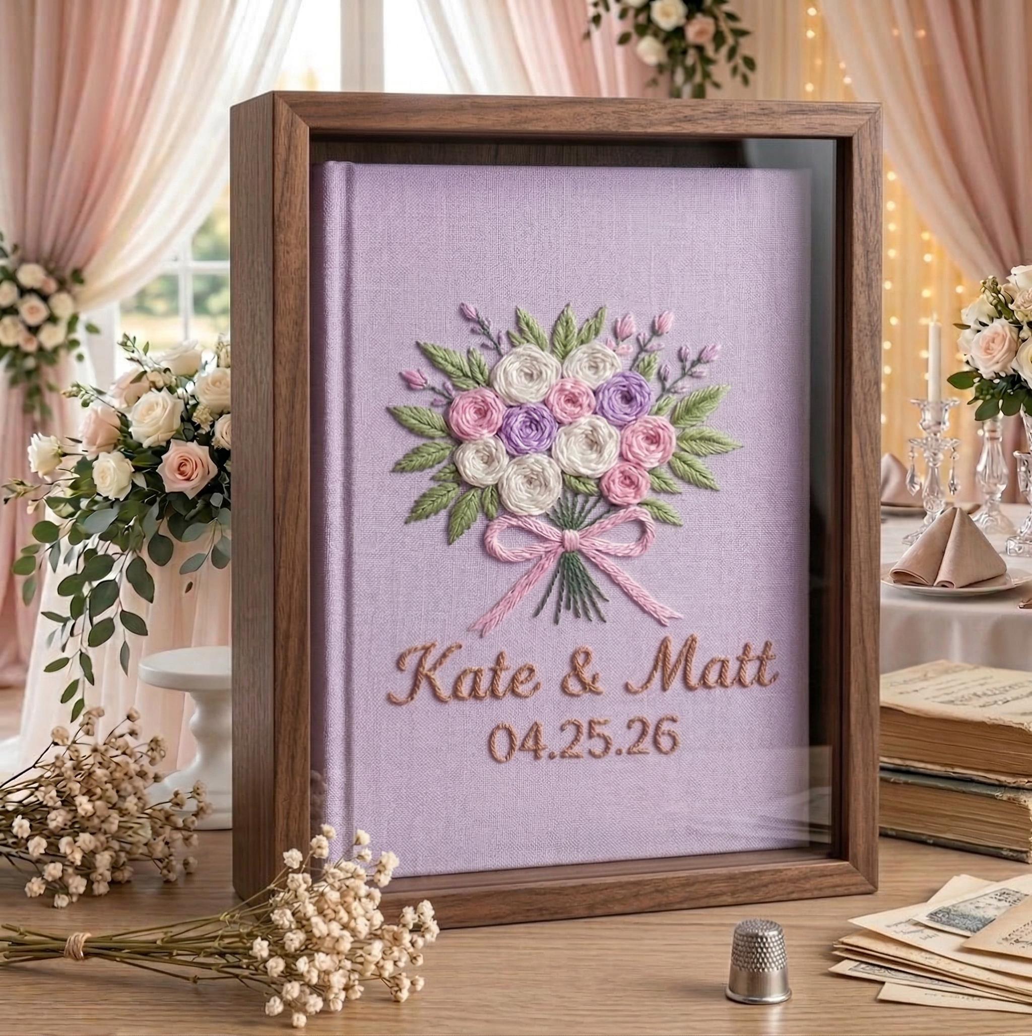 Personalized Wedding Photo Album – Hand Embroidered Bouquet Linen Keepsake Personalized Wedding Photo Album – Hand Embroidered Bouquet Linen Keepsake