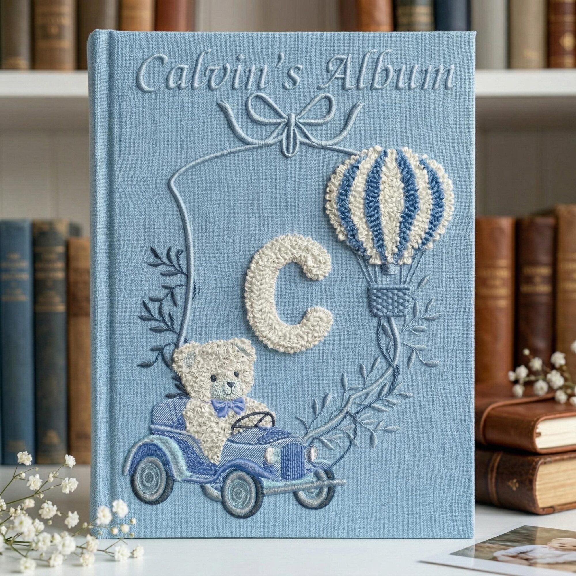 Teddy Bear & Blue Hot Air Balloon Baby Photo Album – Personalized Embroidered Linen Keepsake