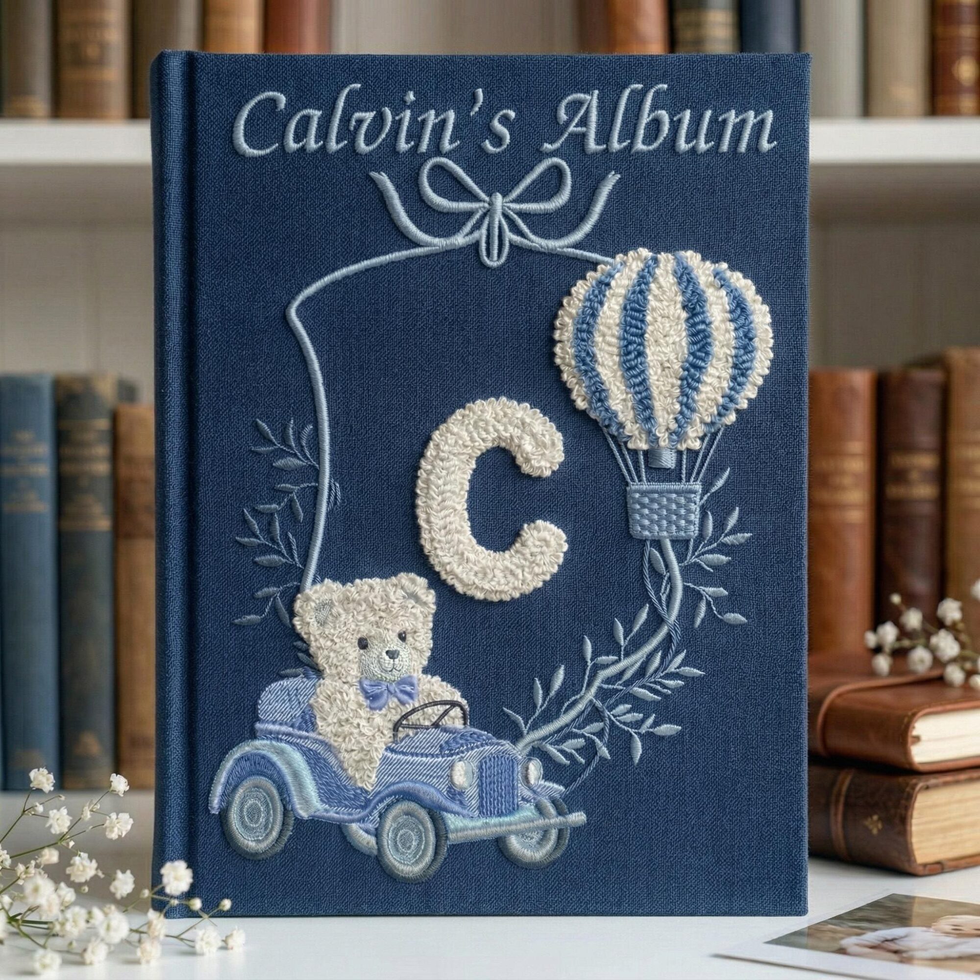 Teddy Bear & Blue Hot Air Balloon Baby Photo Album – Personalized Embroidered Linen Keepsake