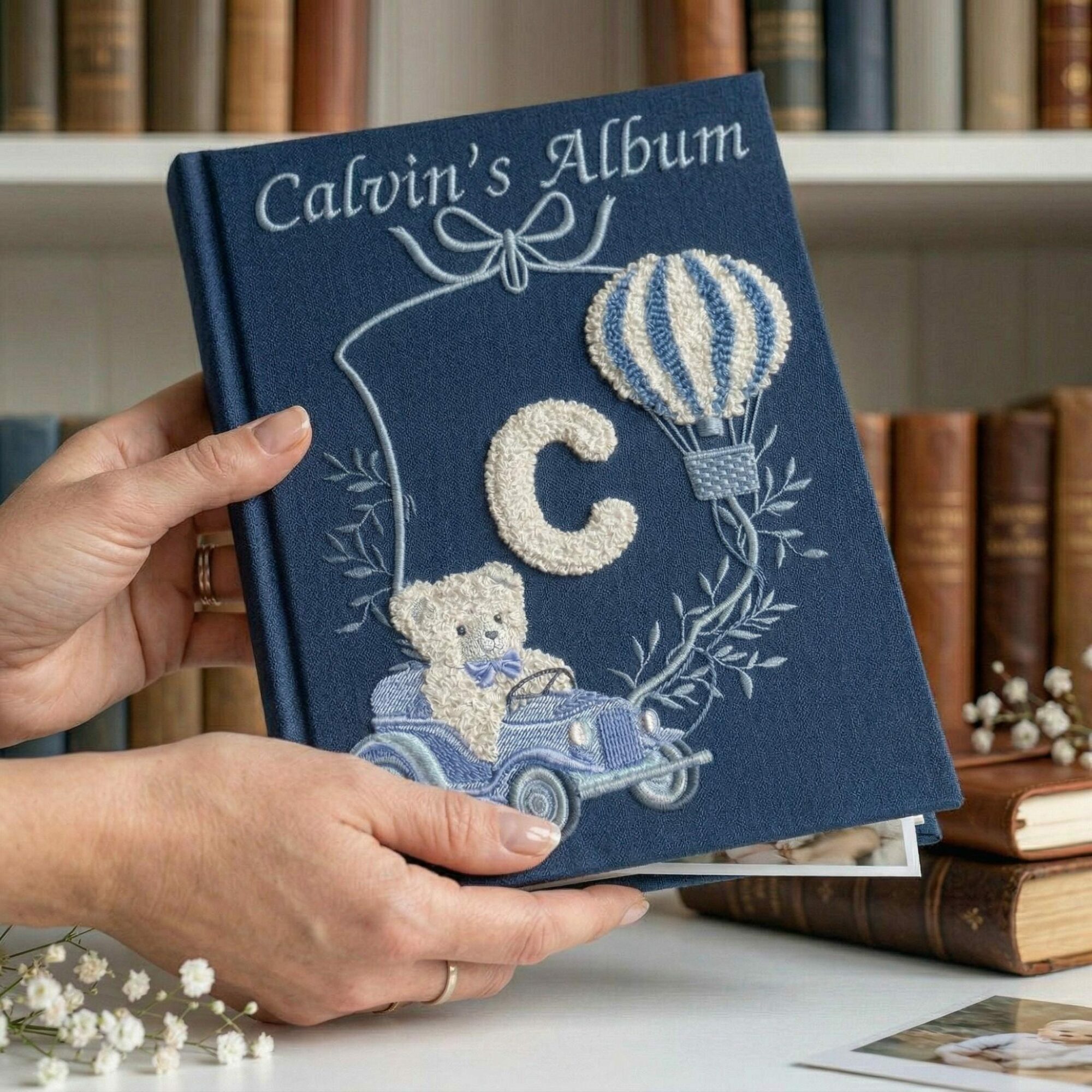 Teddy Bear & Blue Hot Air Balloon Baby Photo Album – Personalized Embroidered Linen Keepsake
