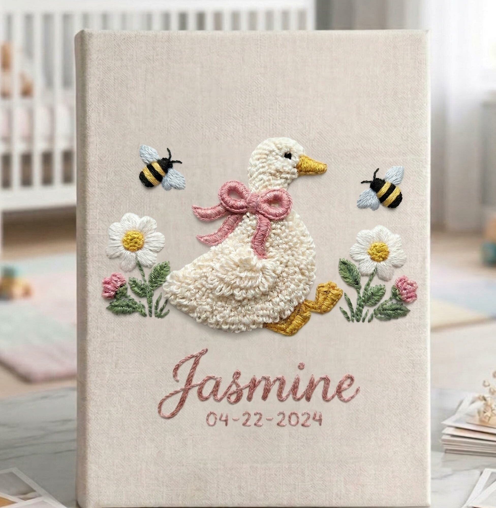 Goose & Bumblebee Embroidered Baby Photo Album – Personalized Linen Memory Book 3 Goose & Bumblebee Embroidered Baby Photo Album – Personalized Linen Memory Book