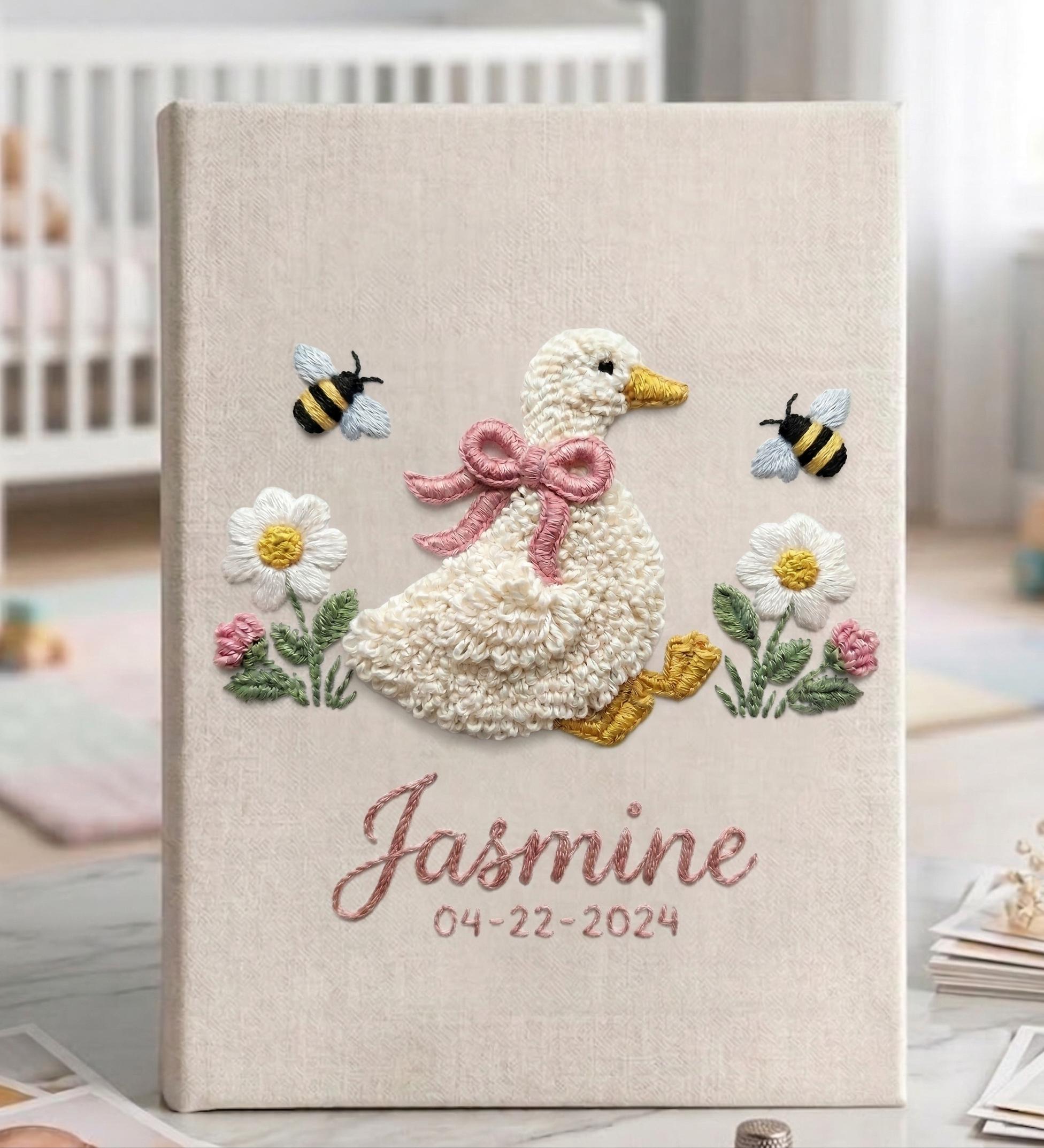 Goose & Bumblebee Embroidered Baby Photo Album – Personalized Linen Memory Book Goose & Bumblebee Embroidered Baby Photo Album – Personalized Linen Memory Book