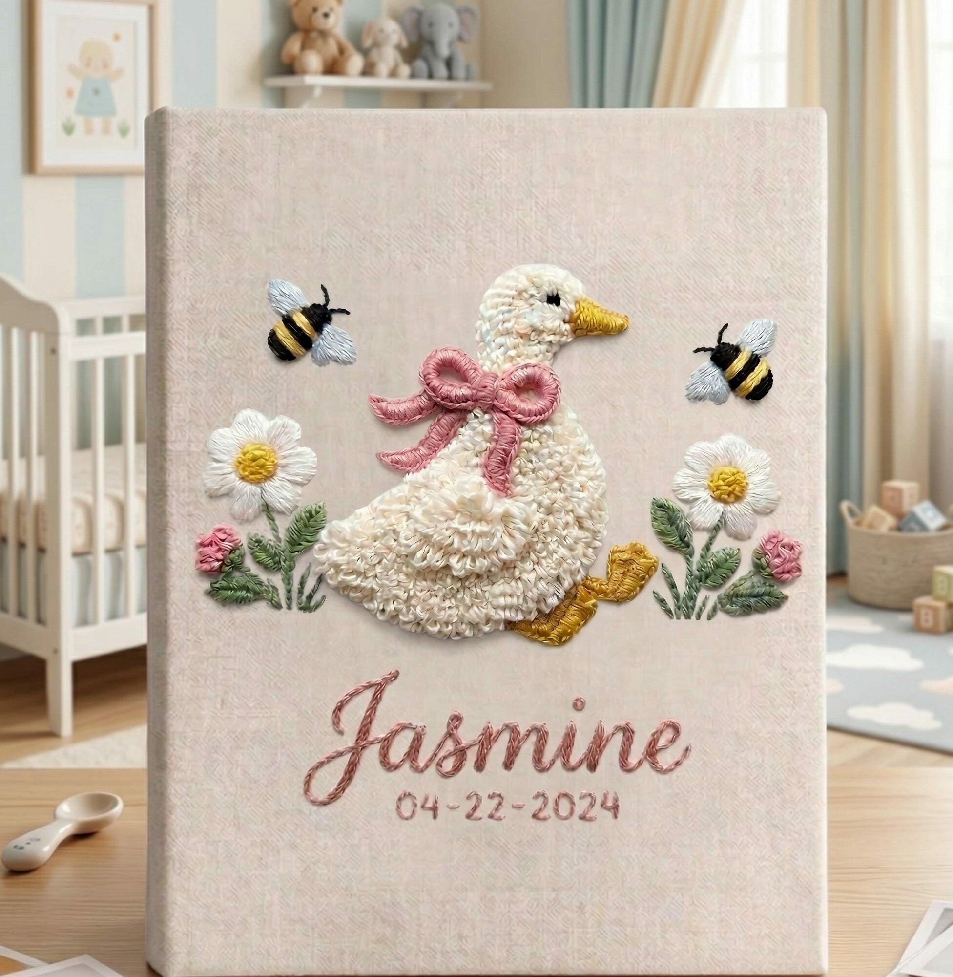 Goose & Bumblebee Embroidered Baby Photo Album – Personalized Linen Memory Book 7 Goose & Bumblebee Embroidered Baby Photo Album – Personalized Linen Memory Book