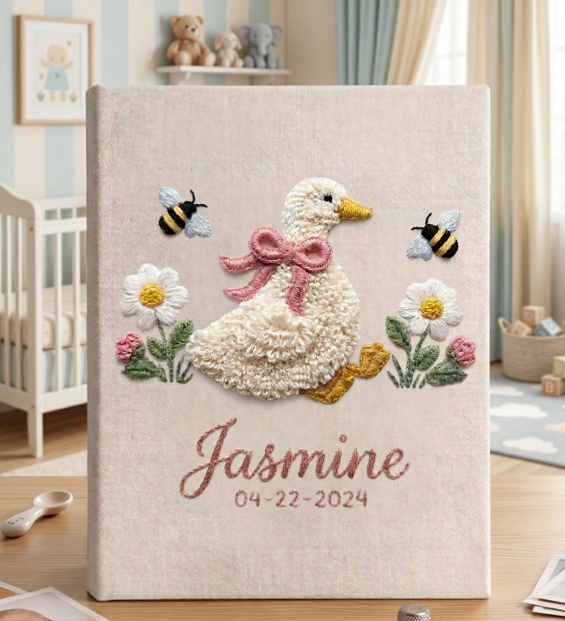 Goose & Bumblebee Embroidered Baby Photo Album – Personalized Linen Memory Book Goose & Bumblebee Embroidered Baby Photo Album – Personalized Linen Memory Book