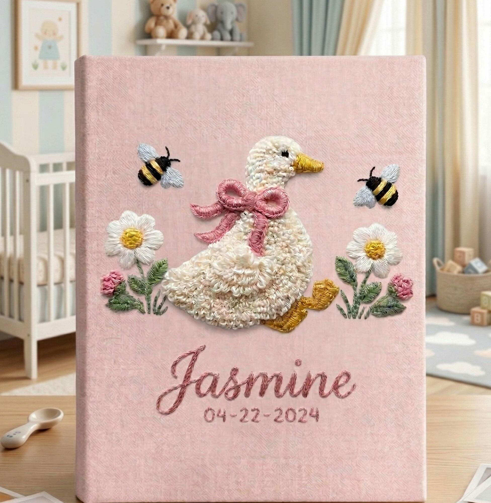 Goose & Bumblebee Embroidered Baby Photo Album – Personalized Linen Memory Book 4 Goose & Bumblebee Embroidered Baby Photo Album – Personalized Linen Memory Book
