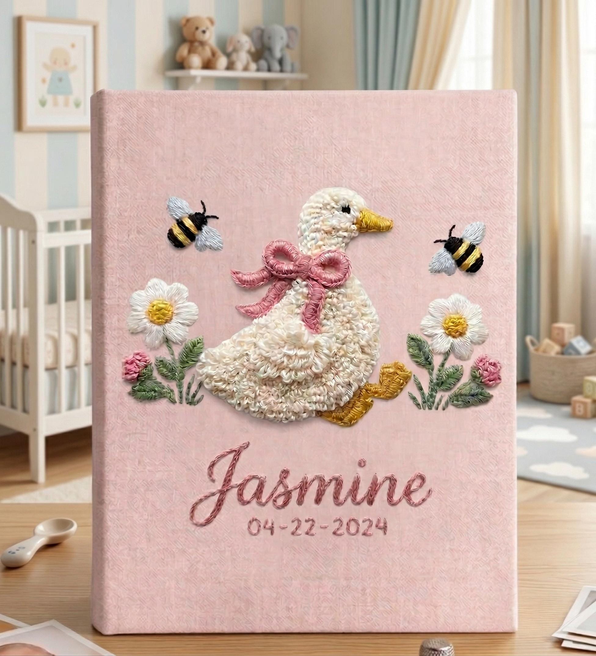 Goose & Bumblebee Embroidered Baby Photo Album – Personalized Linen Memory Book Goose & Bumblebee Embroidered Baby Photo Album – Personalized Linen Memory Book