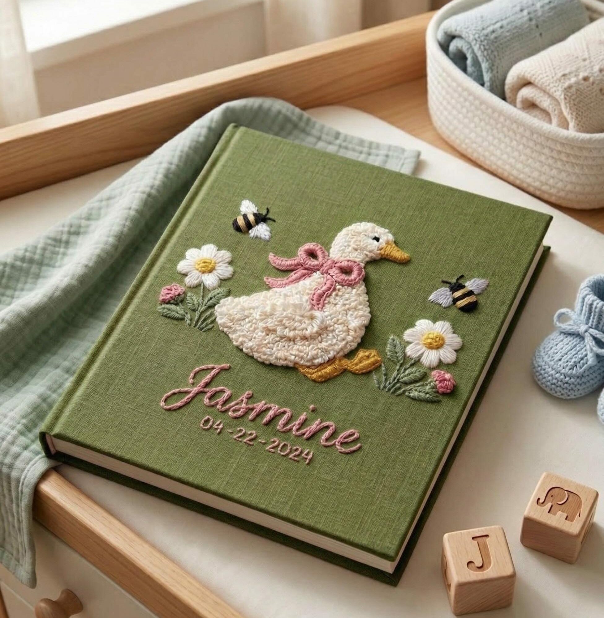 Goose & Bumblebee Embroidered Baby Photo Album – Personalized Linen Memory Book 5 Goose & Bumblebee Embroidered Baby Photo Album – Personalized Linen Memory Book