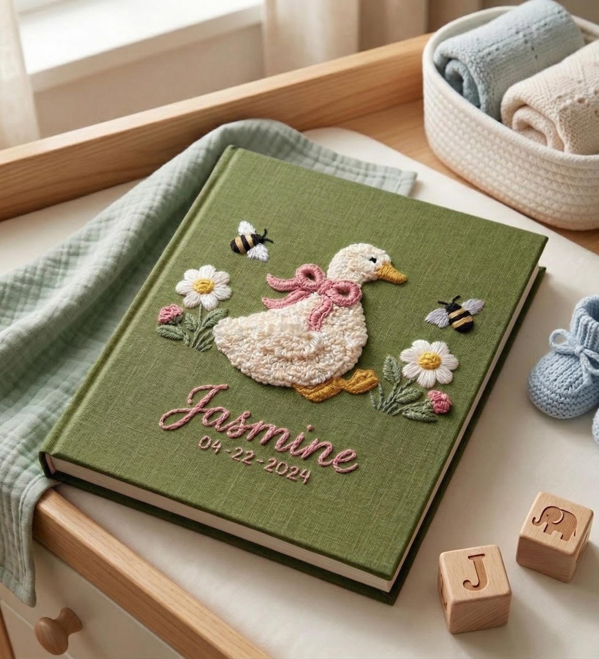 Goose & Bumblebee Embroidered Baby Photo Album – Personalized Linen Memory Book Goose & Bumblebee Embroidered Baby Photo Album – Personalized Linen Memory Book