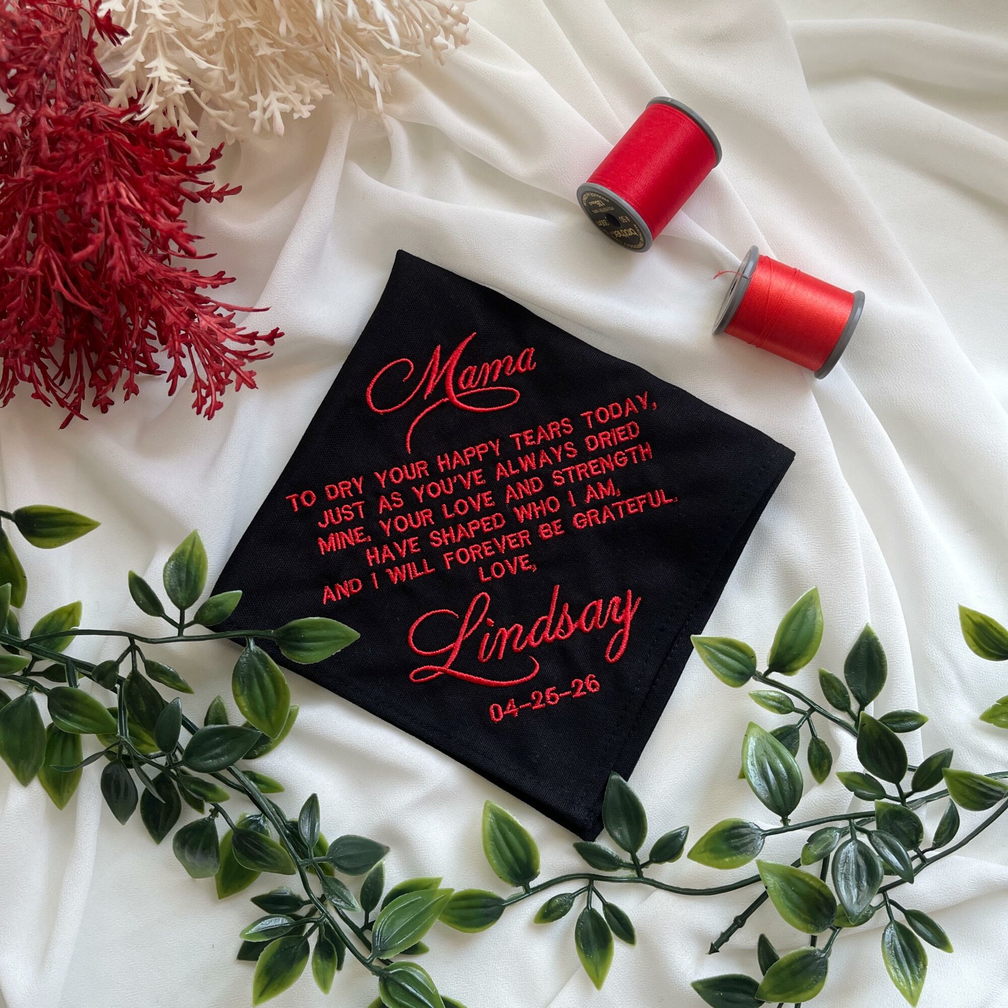 Mother of the Bride Embroidered Wedding Handkerchief – Personalized Linen Gift from Daughter