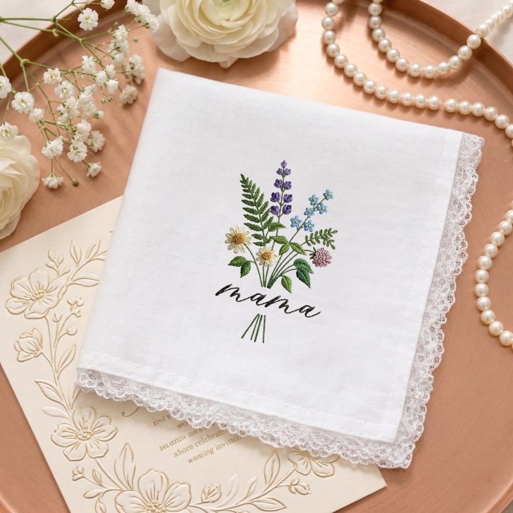 Floral Grandma Embroidered Linen Handkerchief – Wildflower Wedding Keepsake