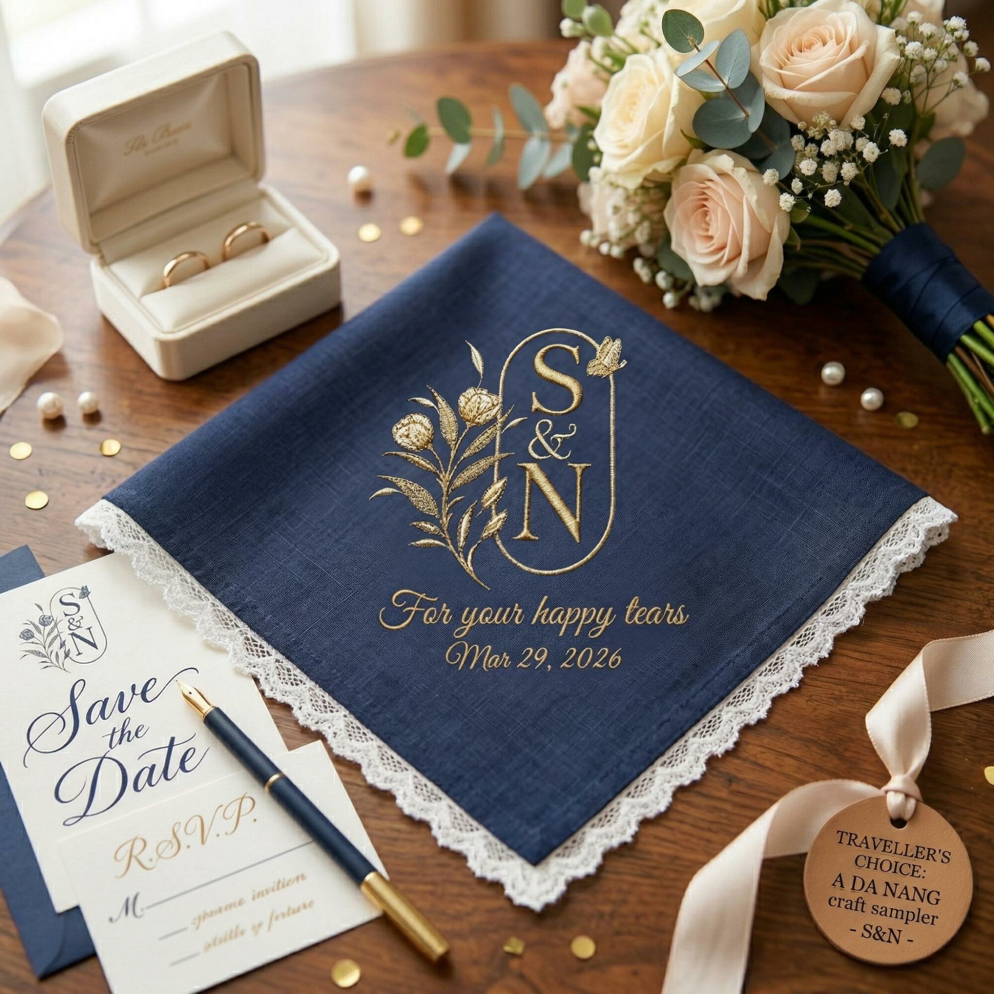 Personalized Monogram Embroidered Wedding Handkerchief – Linen Lace Bridal Hankie