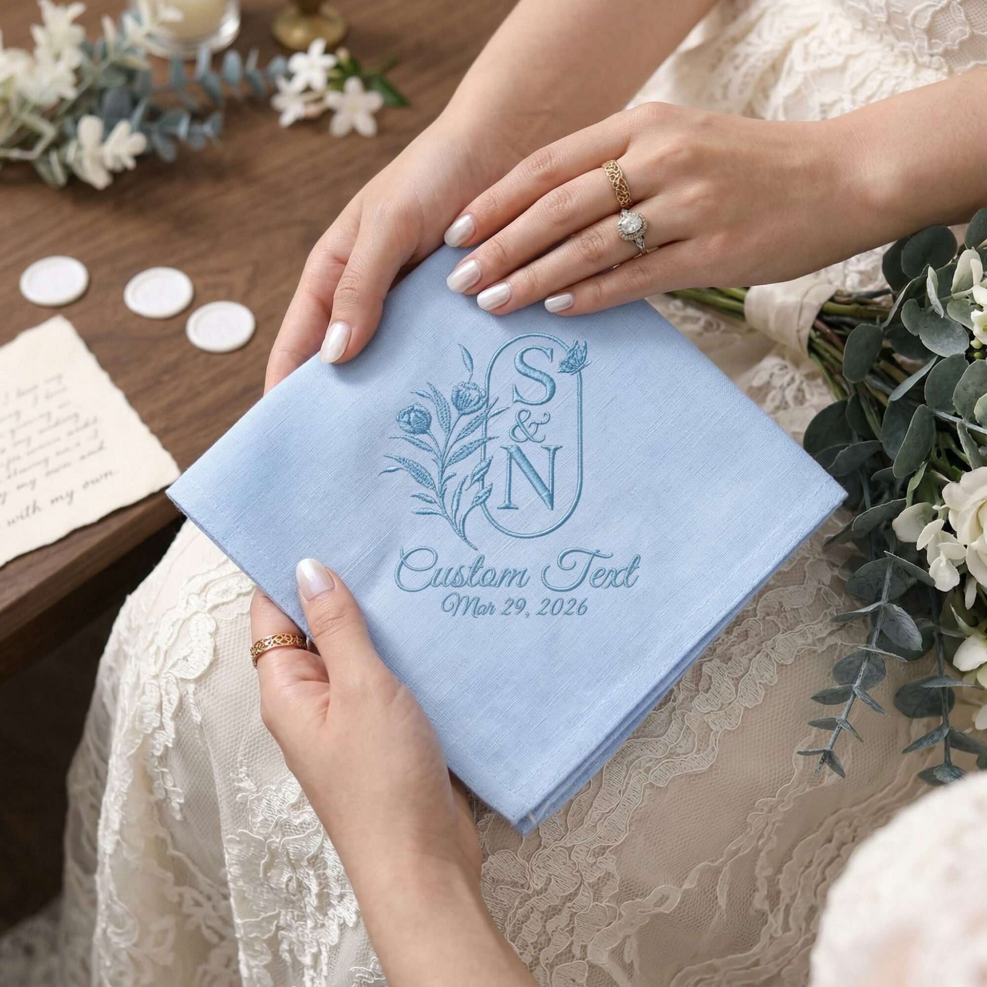 Personalized Monogram Embroidered Wedding Handkerchief – Linen Lace Bridal Hankie