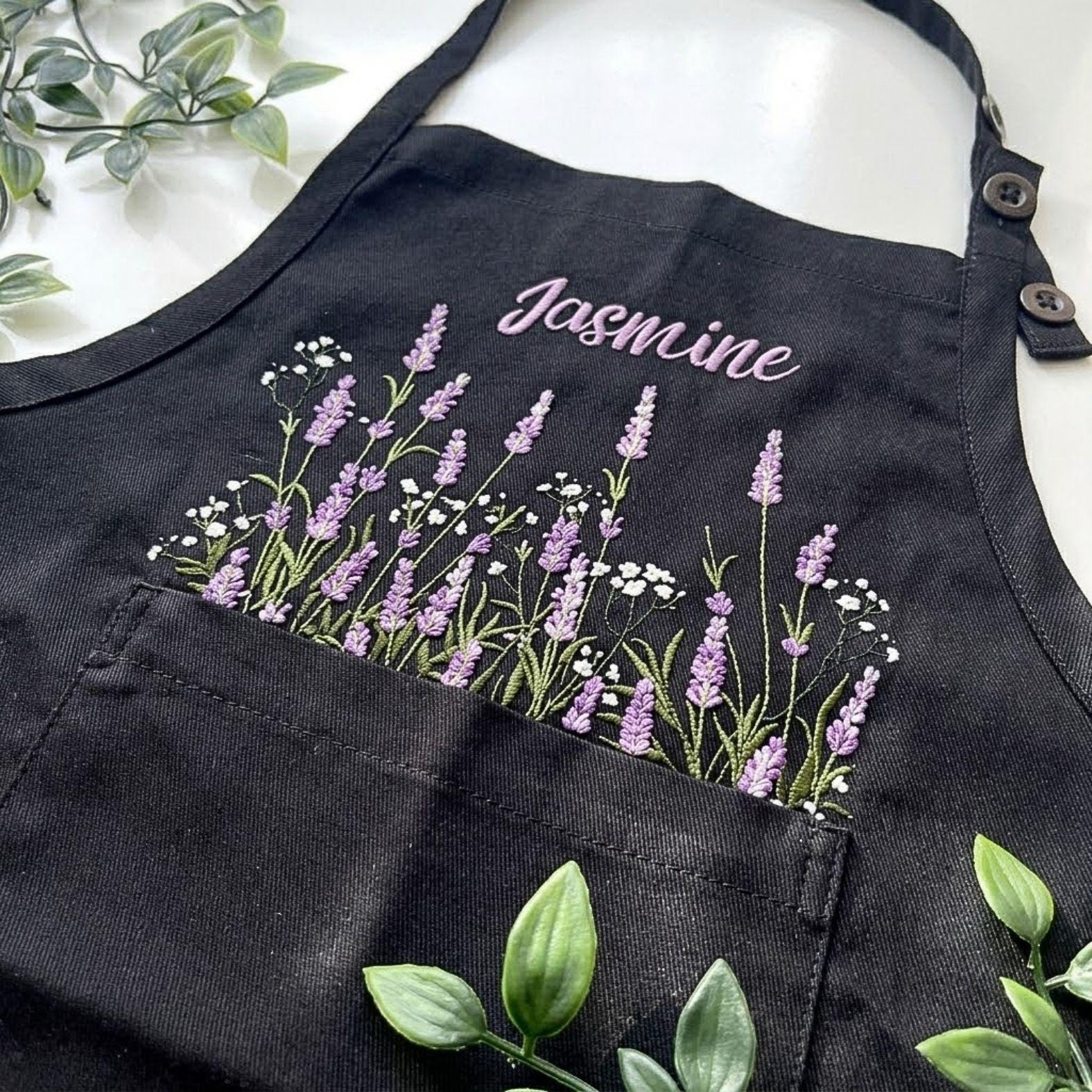 Lavender Garden Embroidered Linen Apron – Personalized Floral Kitchen