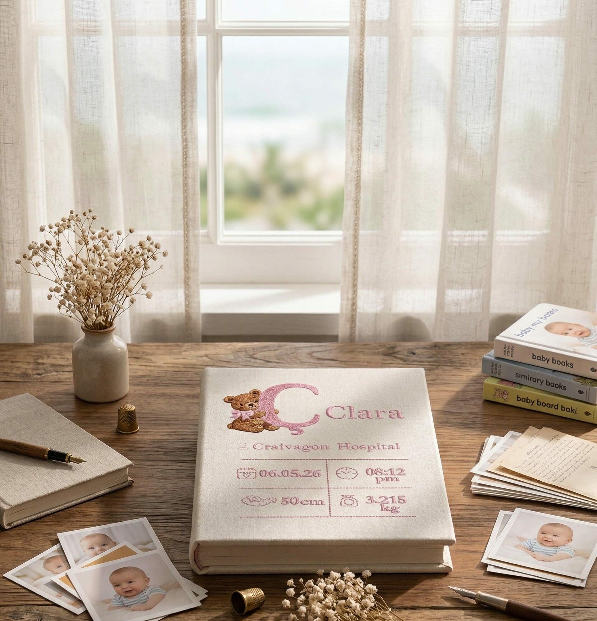 Birth Stats Embroidered Baby Photo Album – Personalized Teddy Bear Linen Memory Book 6 Birth Stats Embroidered Baby Photo Album – Personalized Teddy Bear Linen Memory Book