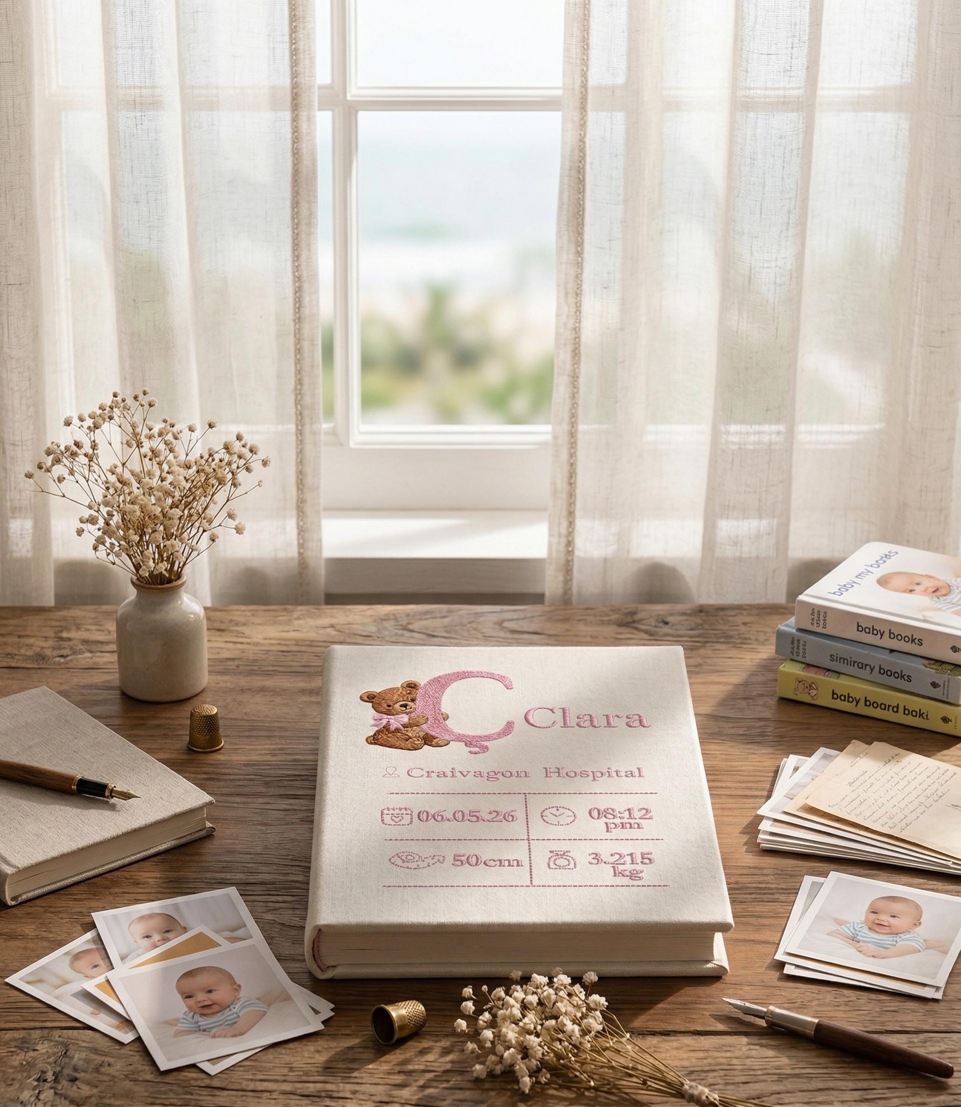 Birth Stats Embroidered Baby Photo Album – Personalized Teddy Bear Linen Memory Book Birth Stats Embroidered Baby Photo Album – Personalized Teddy Bear Linen Memory Book