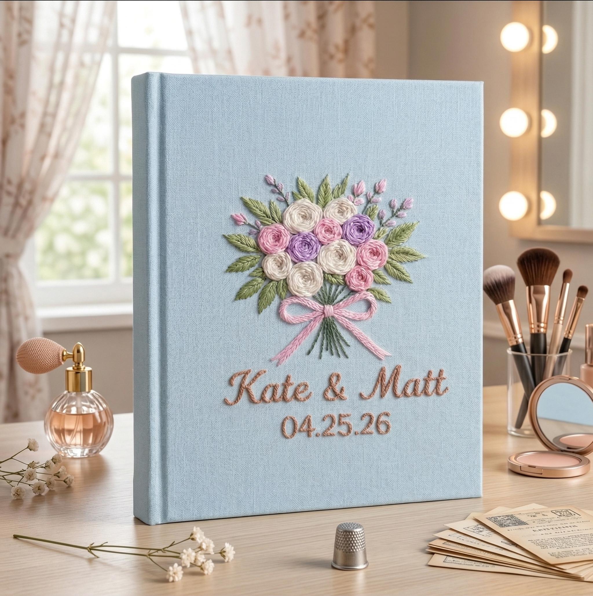 Personalized Wedding Photo Album – Hand Embroidered Bouquet Linen Keepsake Personalized Wedding Photo Album – Hand Embroidered Bouquet Linen Keepsake